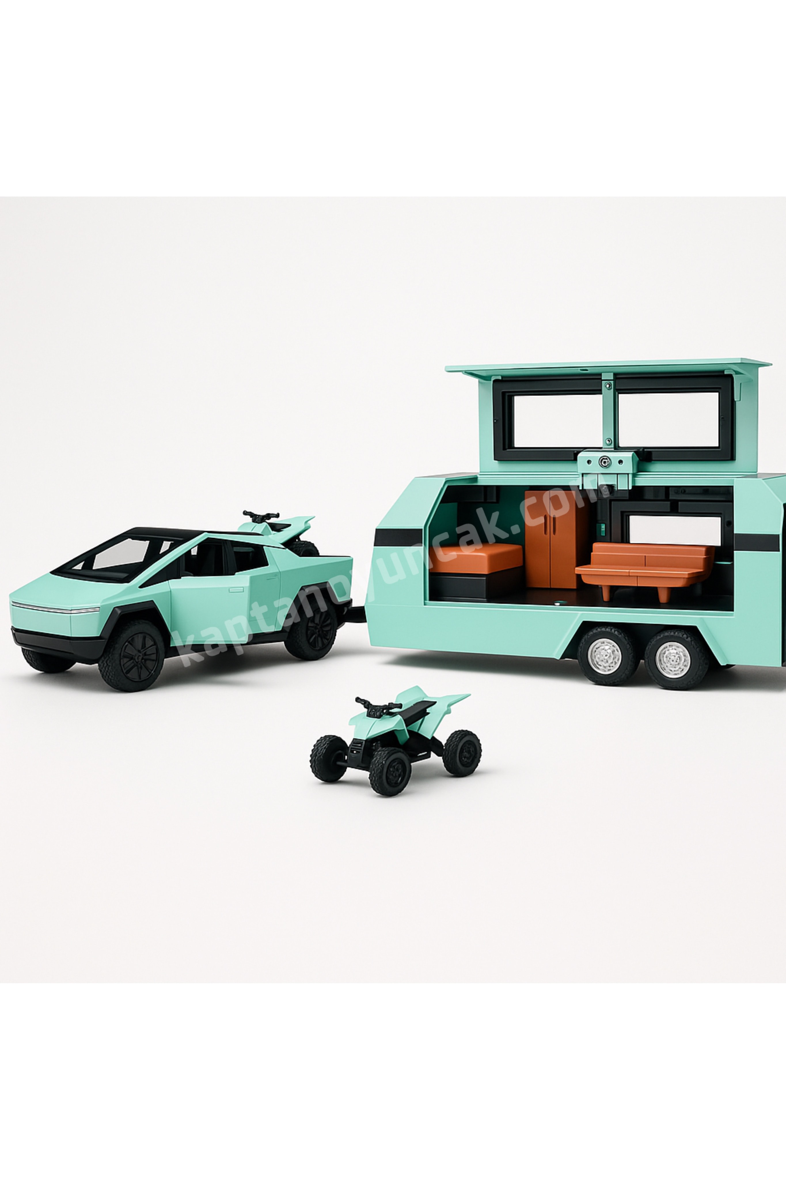 Çek Bırak Sesli Işıklı Metal Tesla Cybertruck ve Karavan