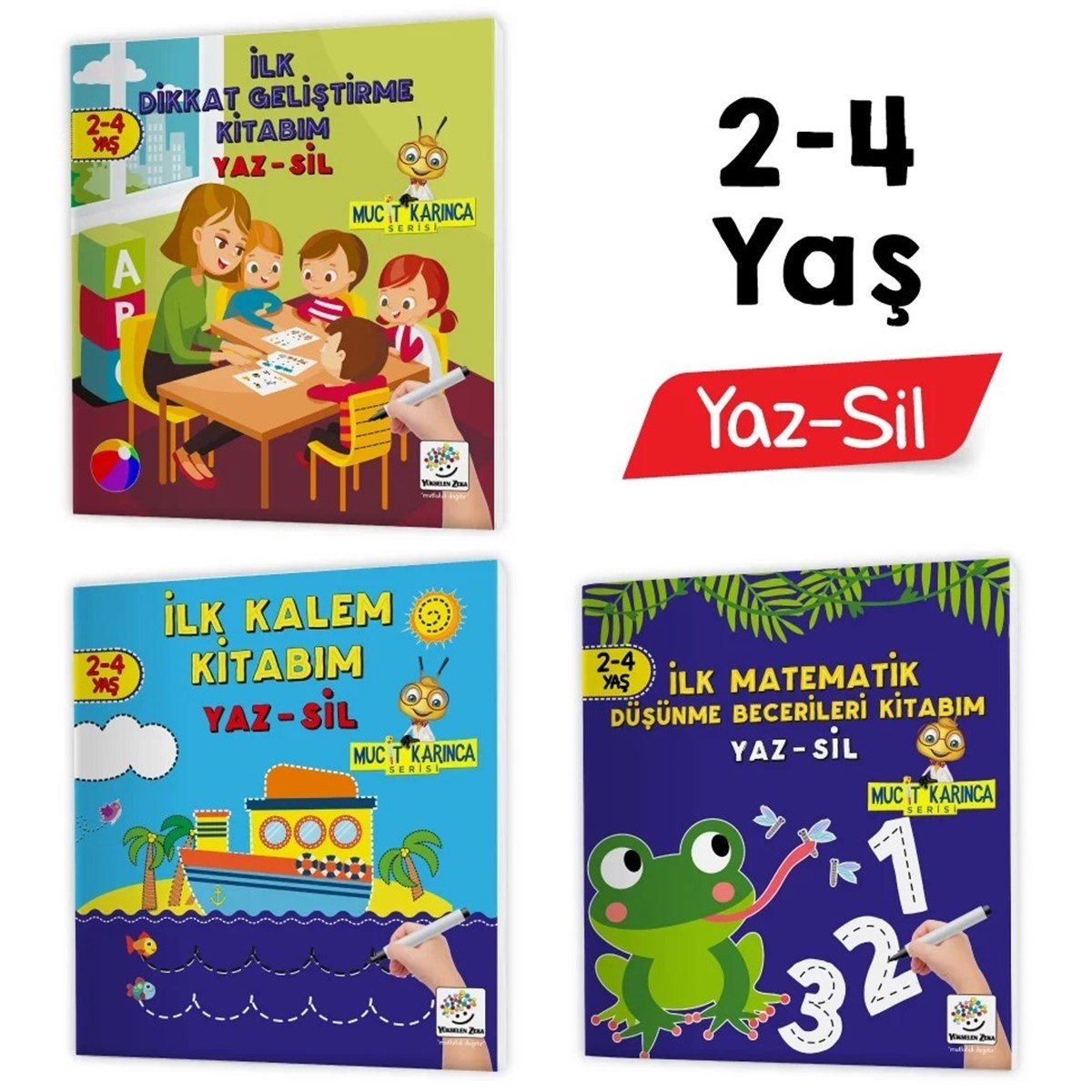 2-4 Yaş Mucit Karınca YAZ-SİL Kitaplar (İlk Kalem, Dikkat, Matematik, Düşünme Becerileri Kitabım)