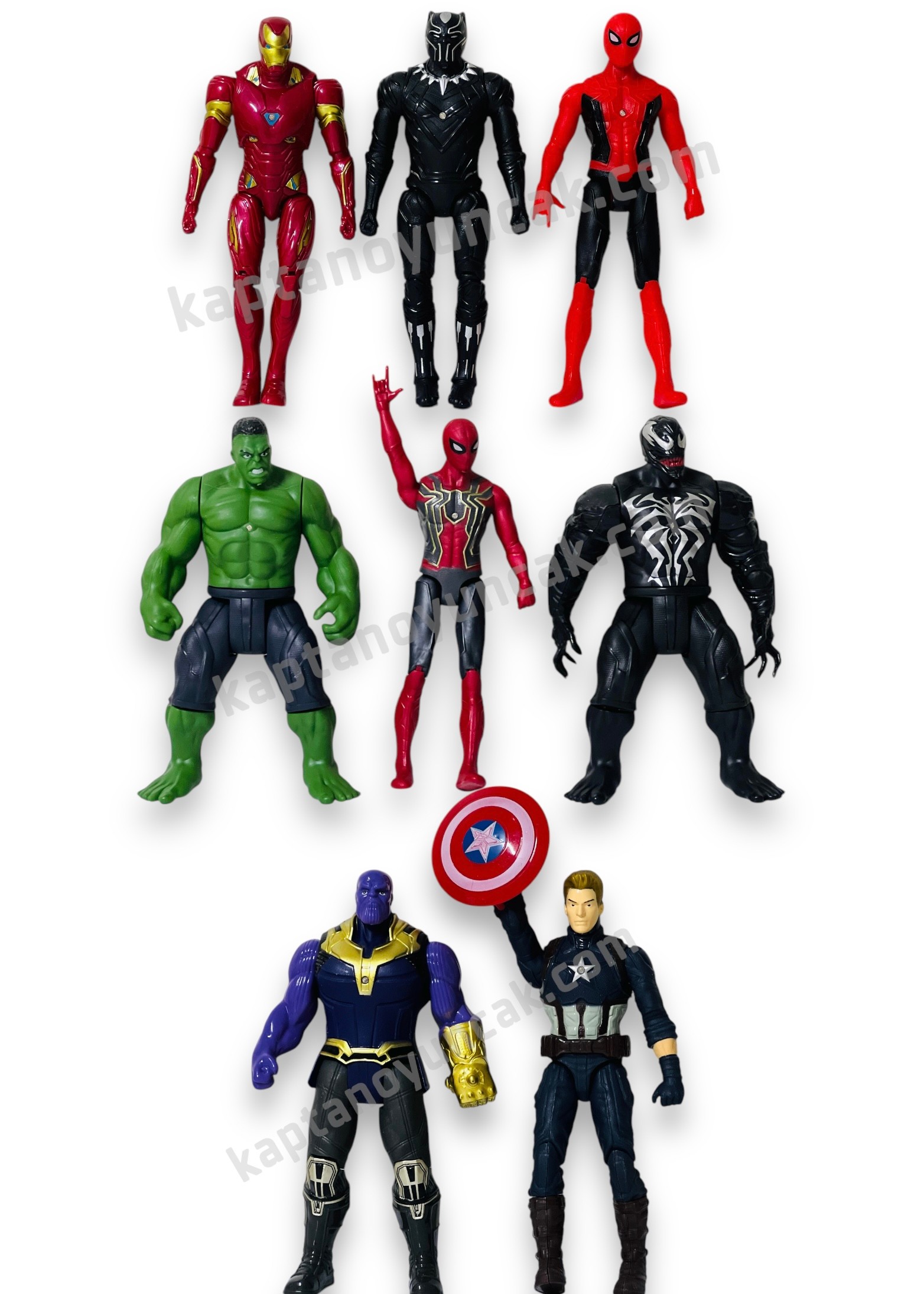 Avengers Süper Kahramanlar 8'li Oyuncak Seti İronman Siyah Panter Örümcek Adam Hulk Venom Thanos Kaptan Amerika