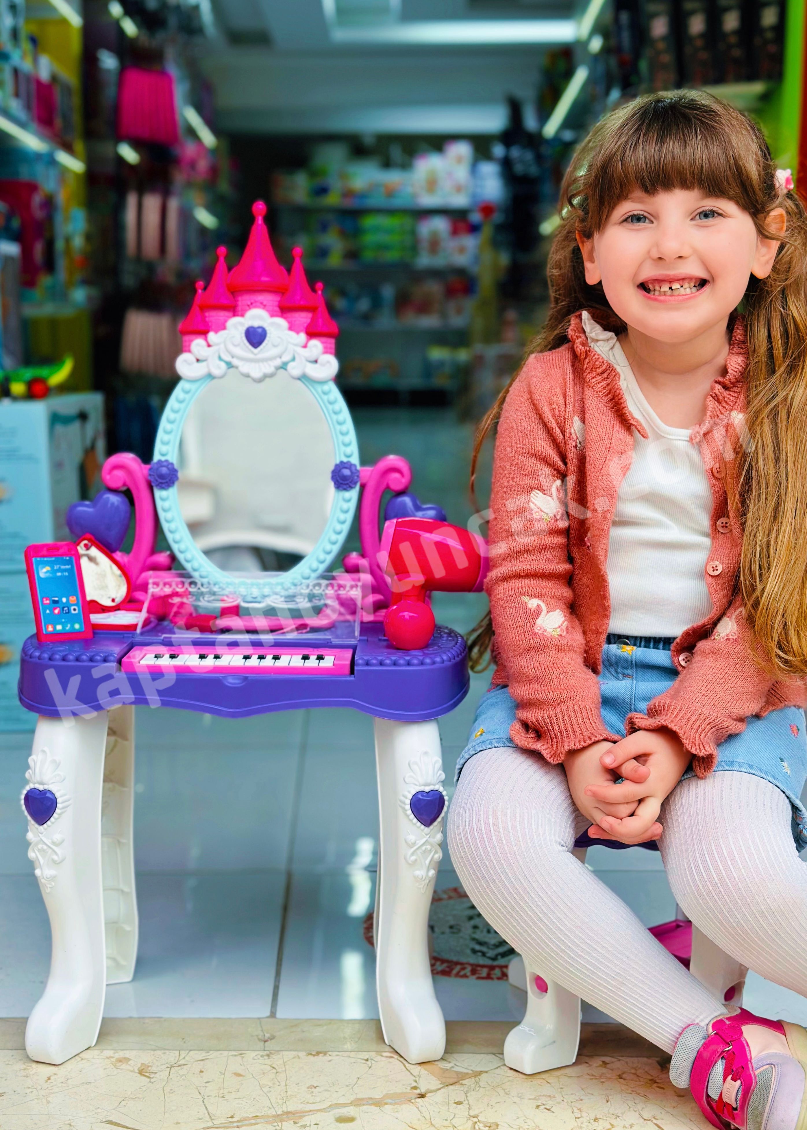 Ayaklı Büyük Boy Piyanolu Makyaj Masası Oturaklı Güzellik Makyaj Seti Oyun Seti