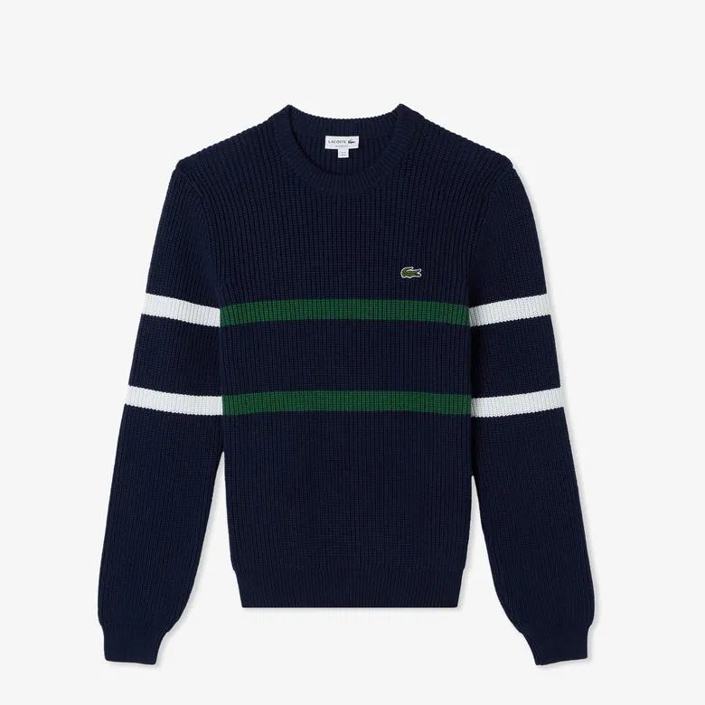 Lacoste Erkek Relaxed Fit Bisiklet Yaka Çizgili Lacivert Kazak - Gri / Siyah