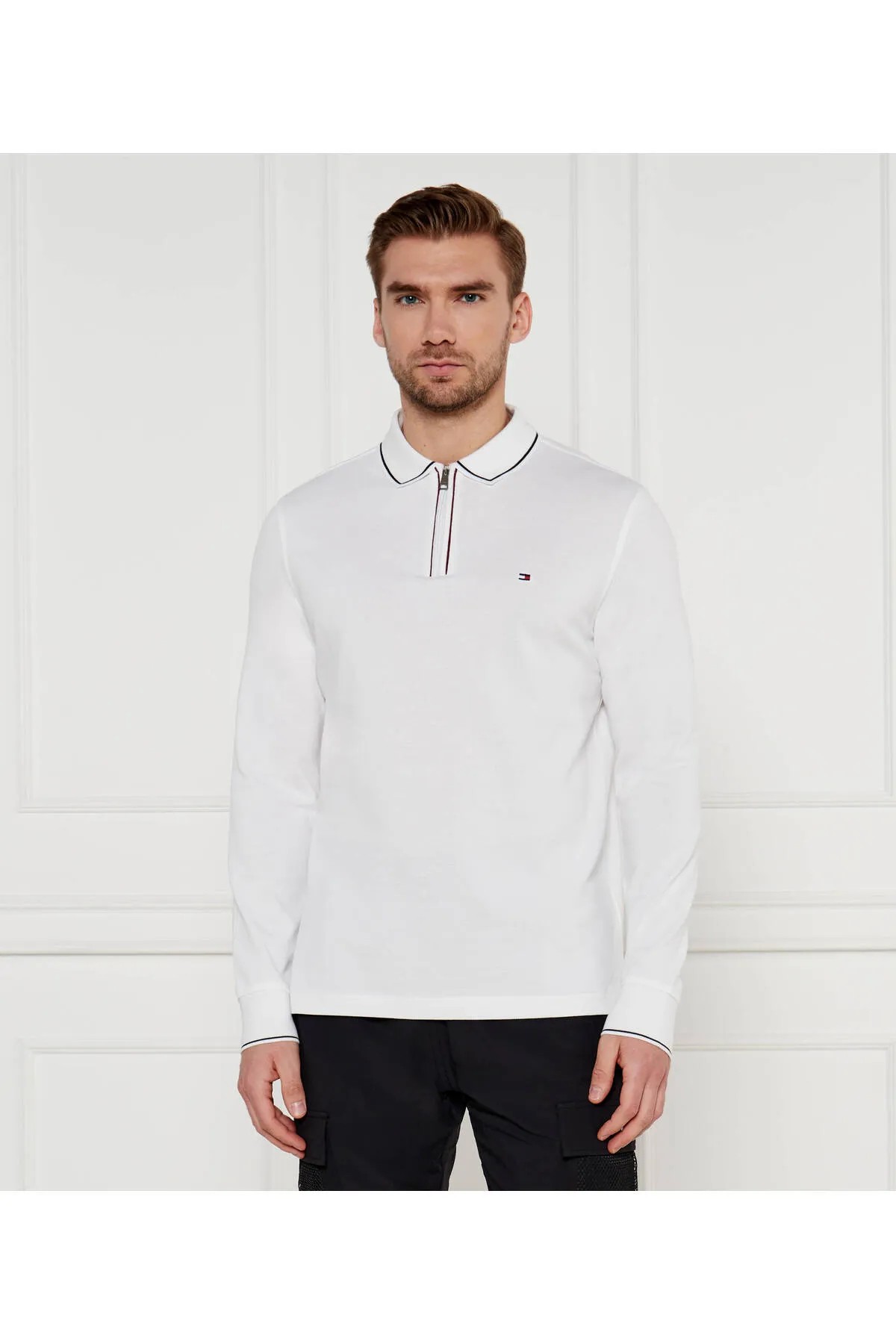 Tommy Hilfiger Zip Placket Long Sleeve Polo Sweatshirt - Beyaz