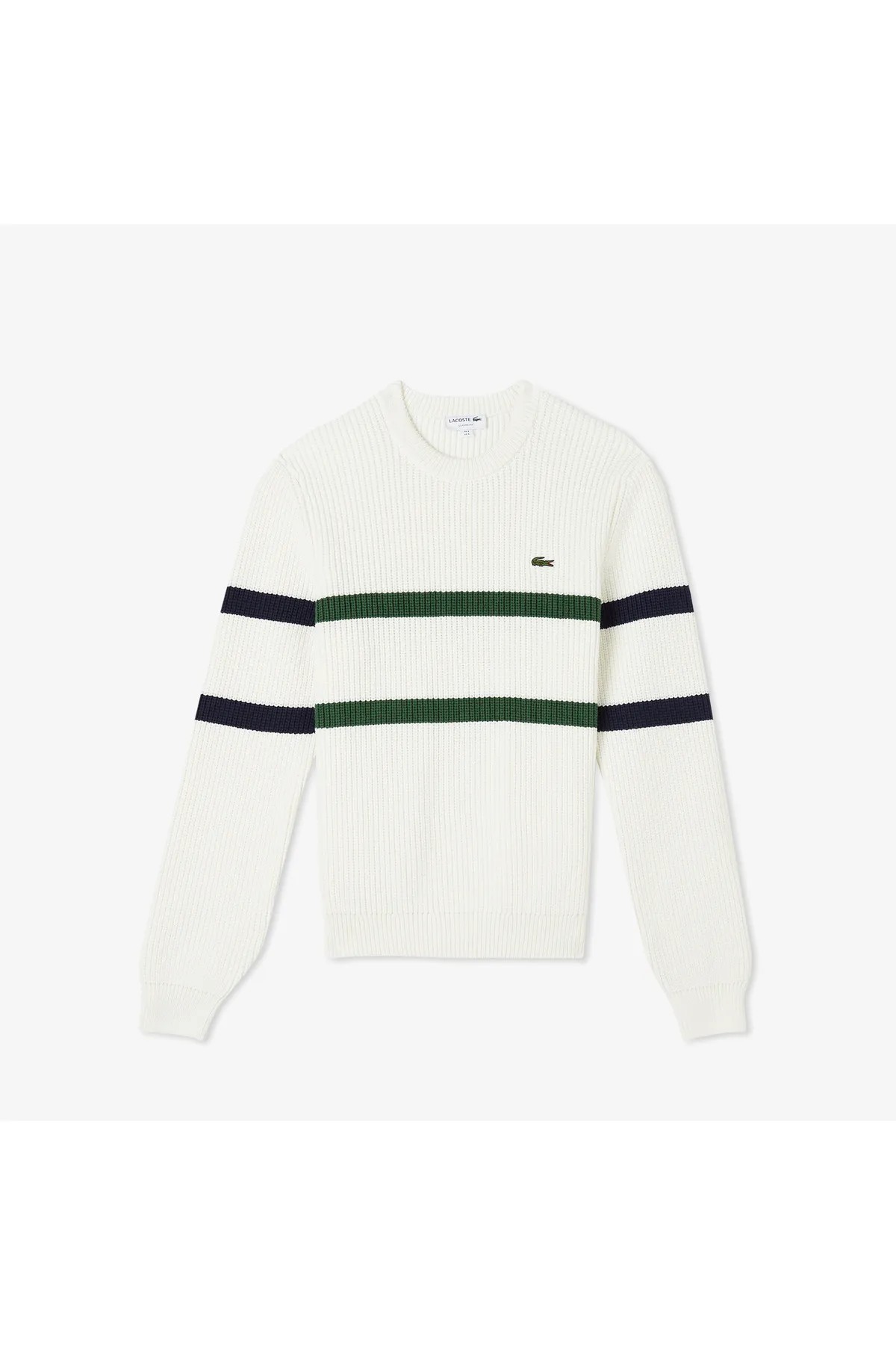 Lacoste Erkek Relaxed Fit Bisiklet Yaka Çizgili Lacivert Kazak - OFF WHITE