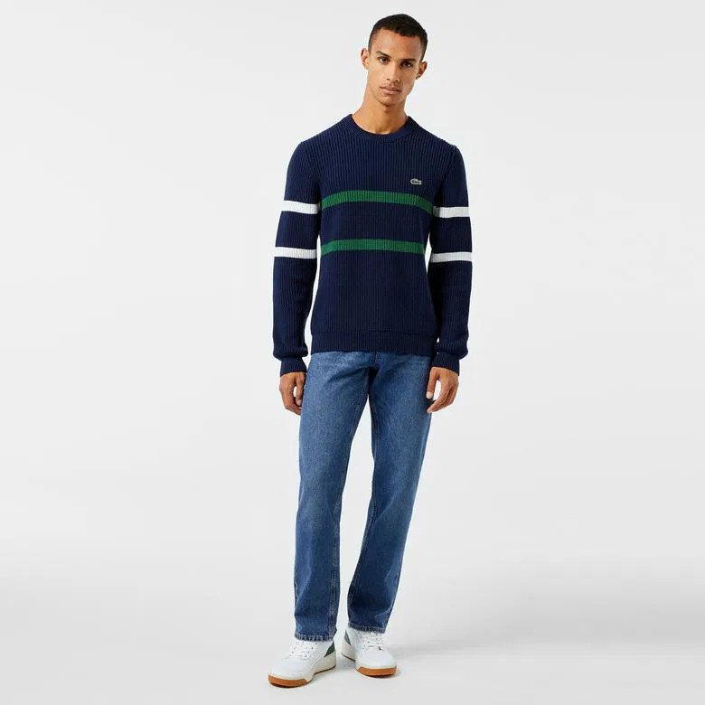 Lacoste Erkek Relaxed Fit Bisiklet Yaka Çizgili Lacivert Kazak