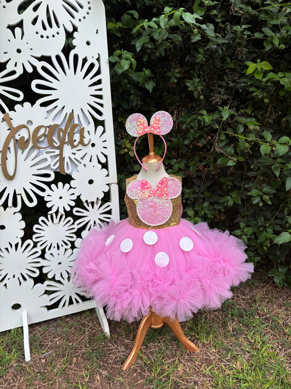 Kız Çocuk Pembe Altın Minnie Mouse Kostümü TAÇ DAHİL - Çocuk Abiye Elbise -ipeqakids  