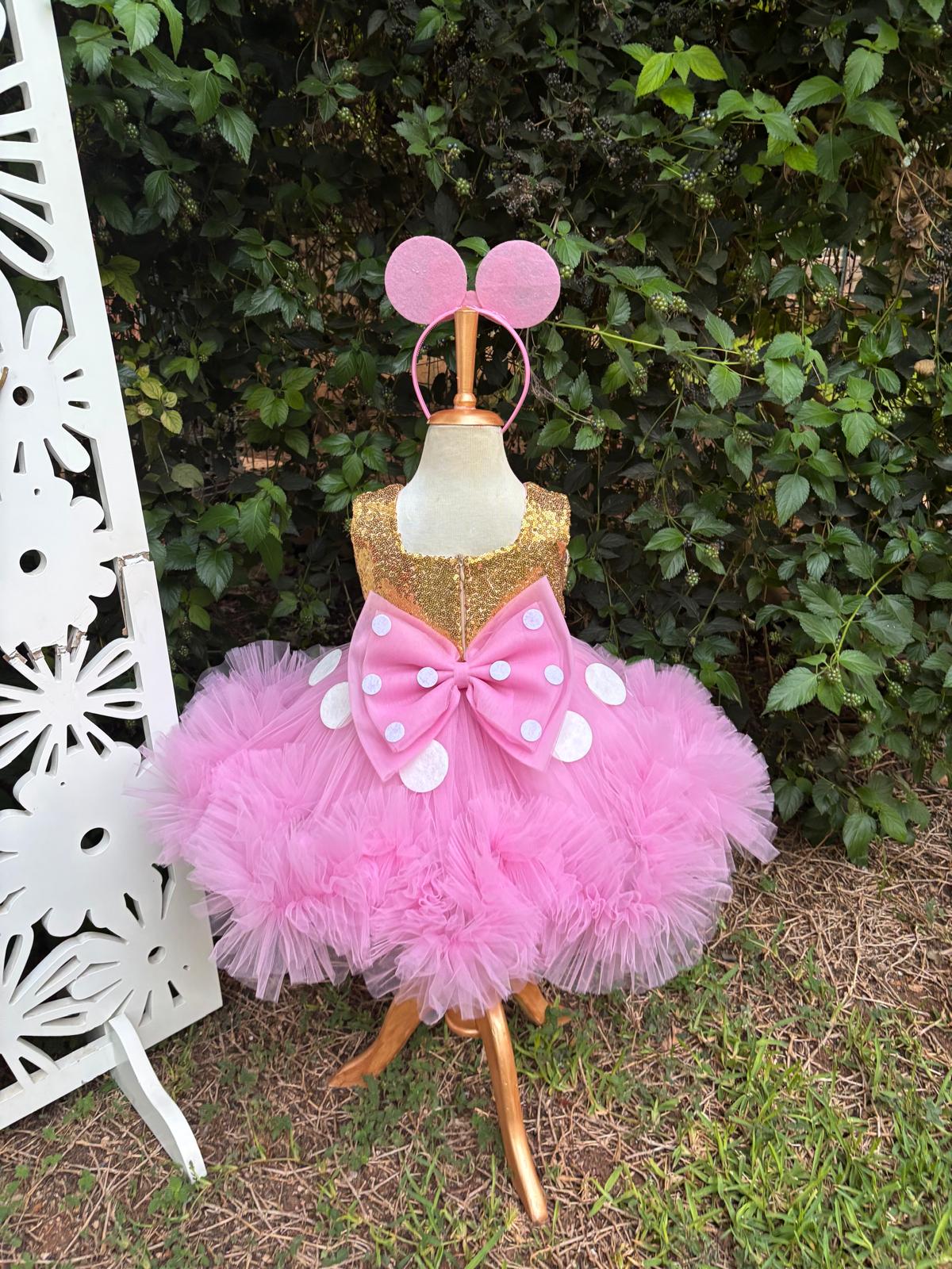 Kız Çocuk Pembe Altın Minnie Mouse Kostümü TAÇ DAHİL - Çocuk Abiye Elbise -ipeqakids  