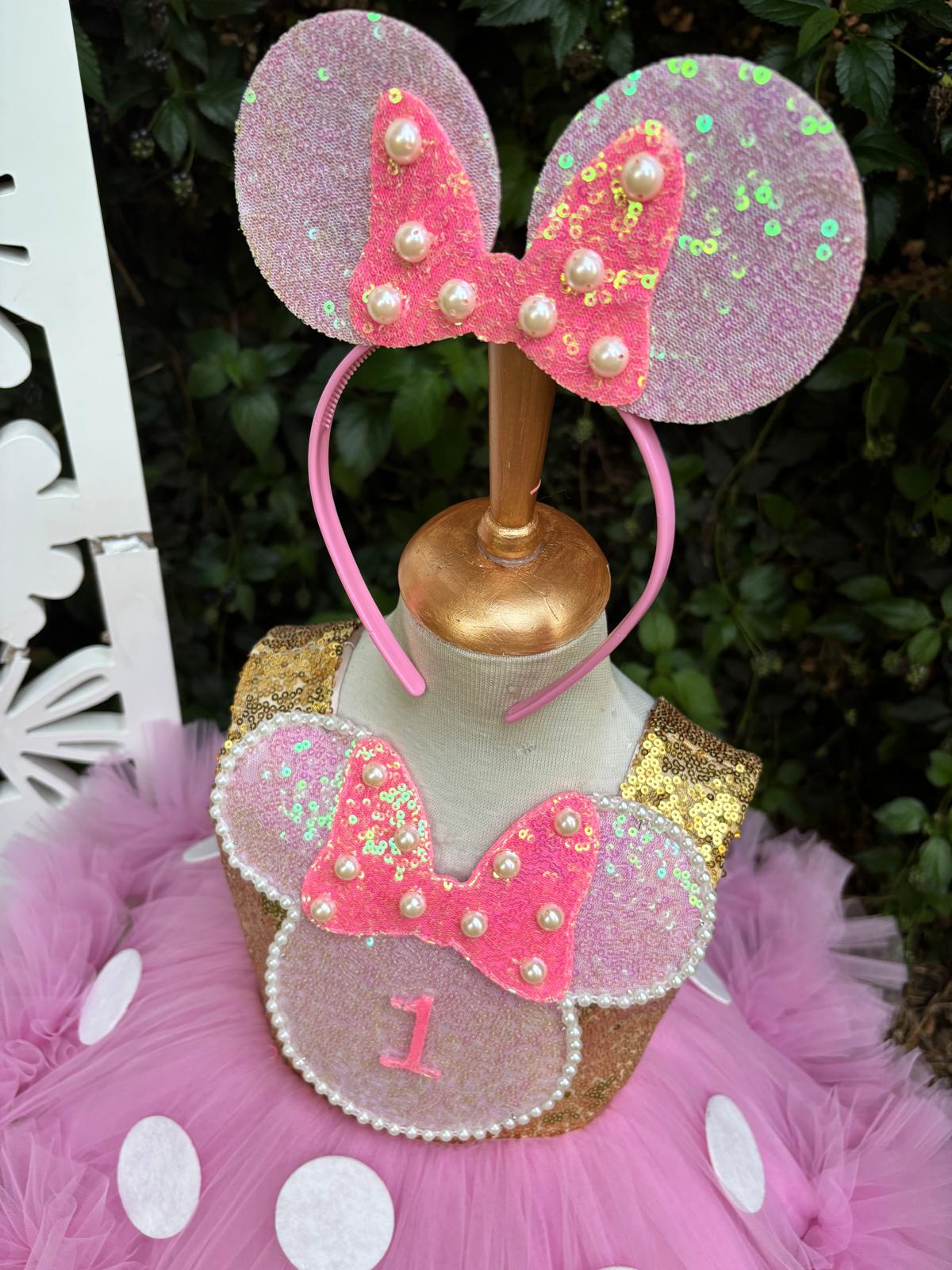 Kız Çocuk Pembe Altın Minnie Mouse Kostümü TAÇ DAHİL - Çocuk Abiye Elbise -ipeqakids  