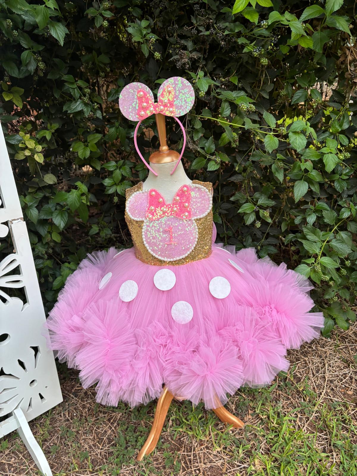 Kız Çocuk Pembe Altın Minnie Mouse Kostümü TAÇ DAHİL - Çocuk Abiye Elbise -ipeqakids  
