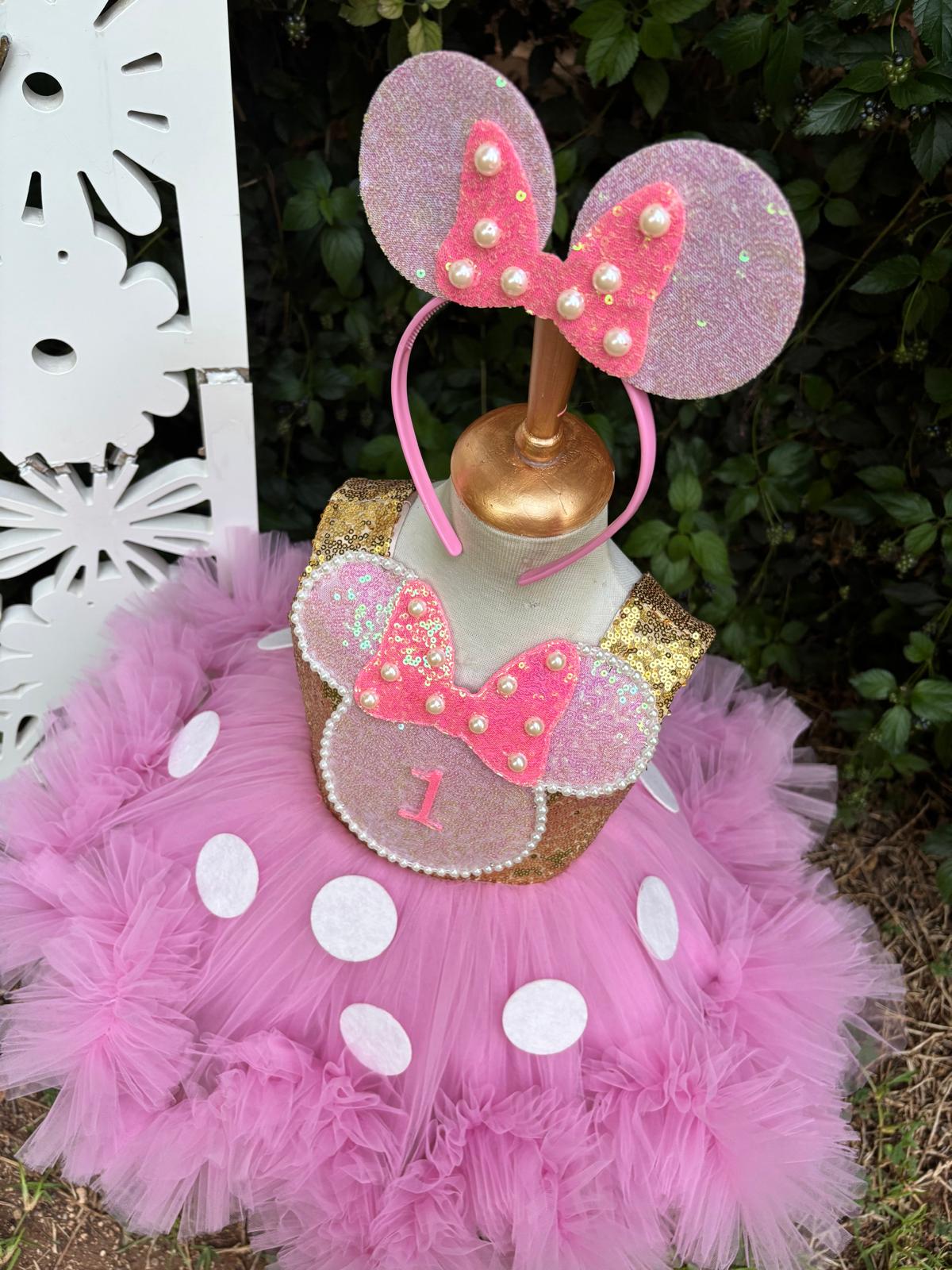 Kız Çocuk Pembe Altın Minnie Mouse Kostümü TAÇ DAHİL - Çocuk Abiye Elbise -ipeqakids  