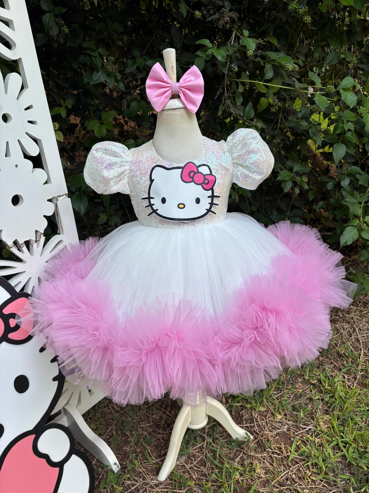 Pembe Hello Kitty Kız Çocuk Abiye - Bebek Doğum Günü Elbisesi - ipeqakids