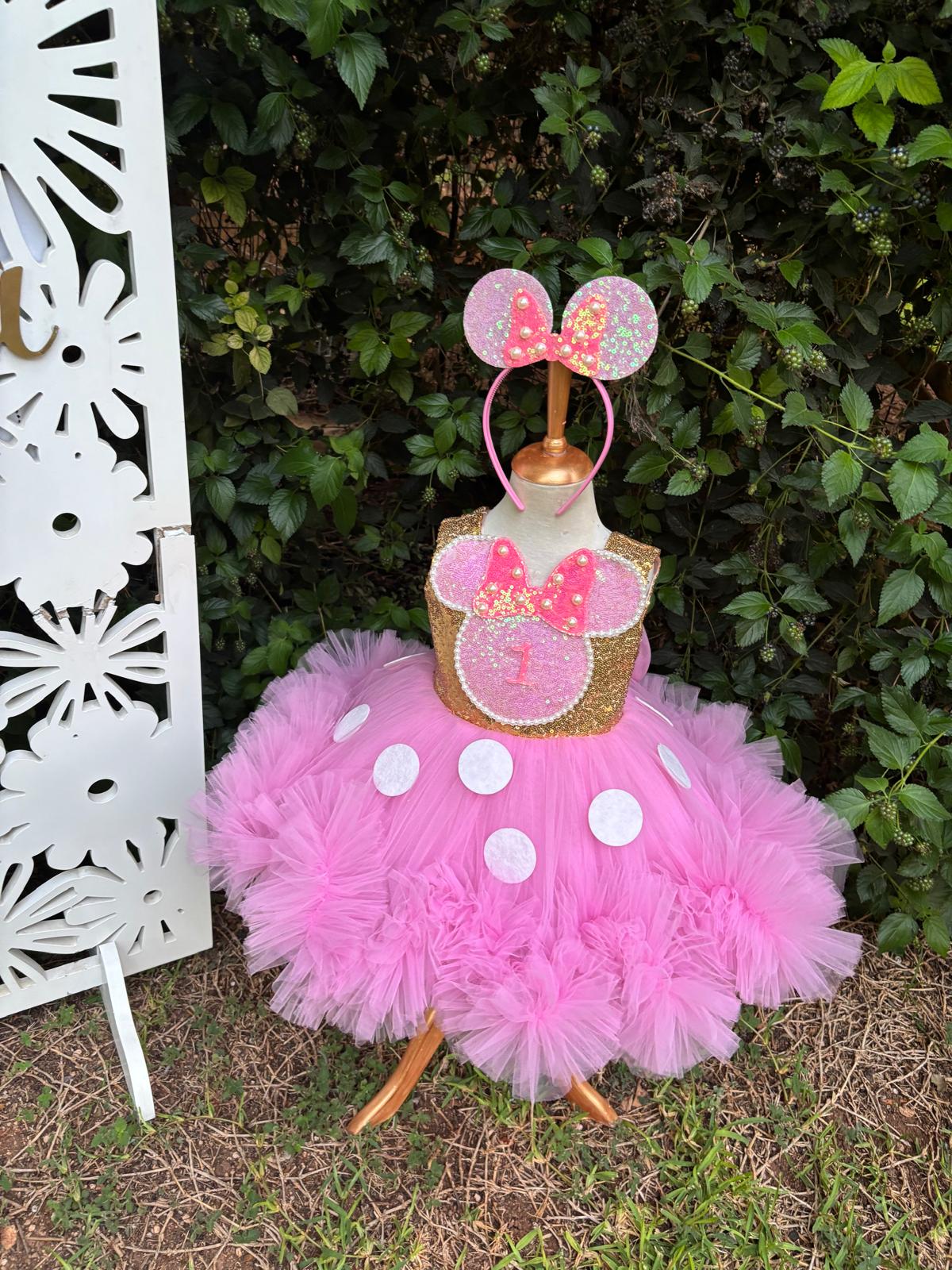 Kız Çocuk Pembe Altın Minnie Mouse Kostümü TAÇ DAHİL - Çocuk Abiye Elbise -ipeqakids  