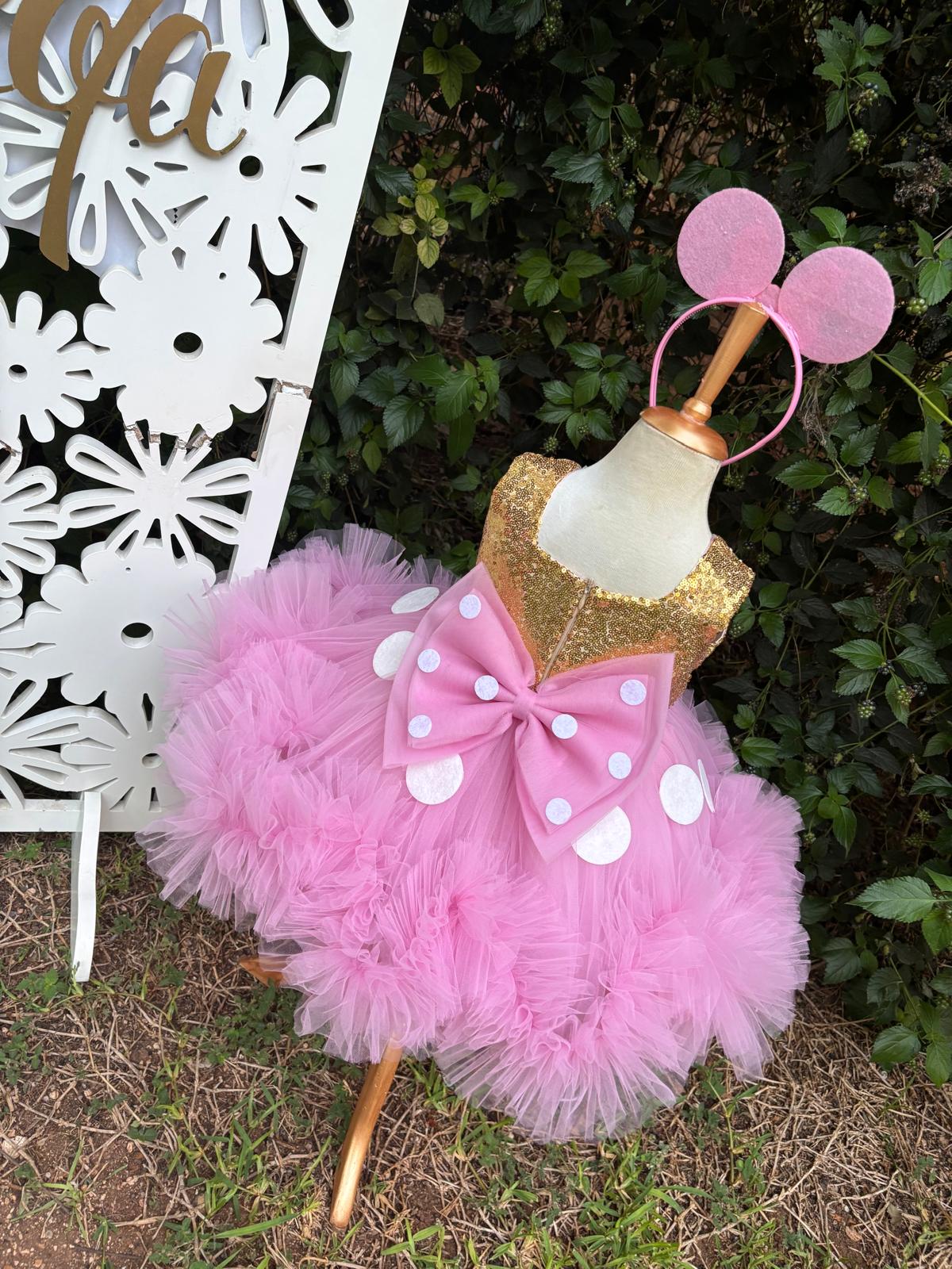 Kız Çocuk Pembe Altın Minnie Mouse Kostümü TAÇ DAHİL - Çocuk Abiye Elbise -ipeqakids  