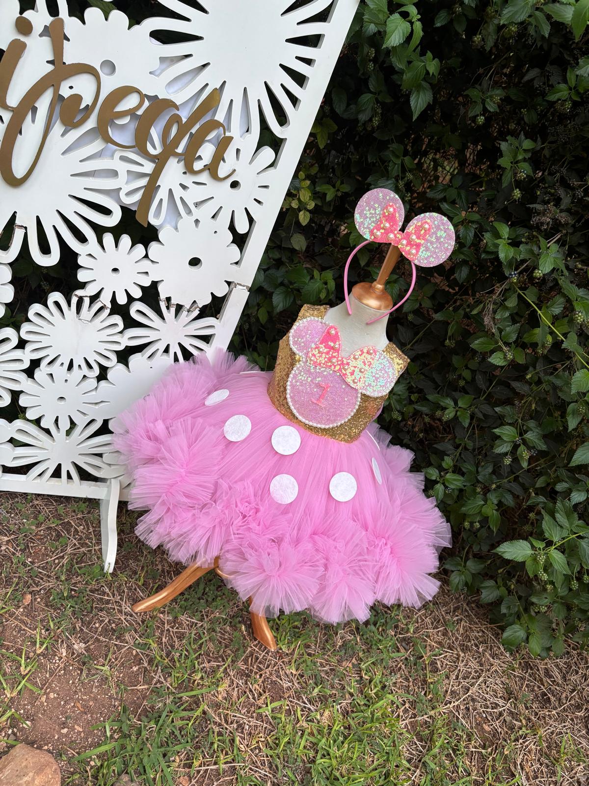 Kız Çocuk Pembe Altın Minnie Mouse Kostümü TAÇ DAHİL - Çocuk Abiye Elbise -ipeqakids  