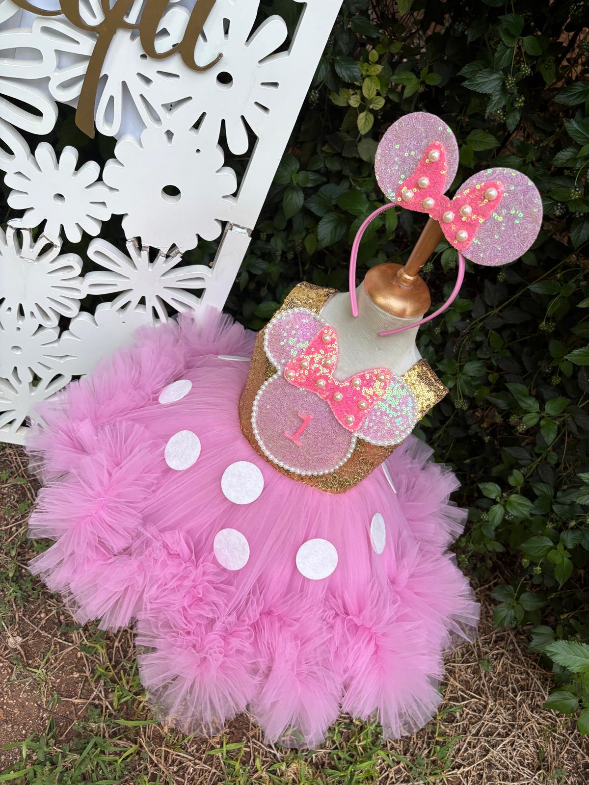 Kız Çocuk Pembe Altın Minnie Mouse Kostümü TAÇ DAHİL - Çocuk Abiye Elbise -ipeqakids  