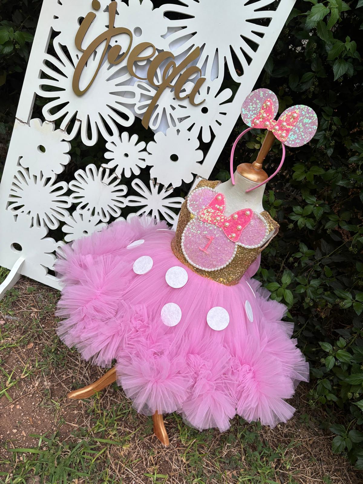 Kız Çocuk Pembe Altın Minnie Mouse Kostümü TAÇ DAHİL - Çocuk Abiye Elbise -ipeqakids  
