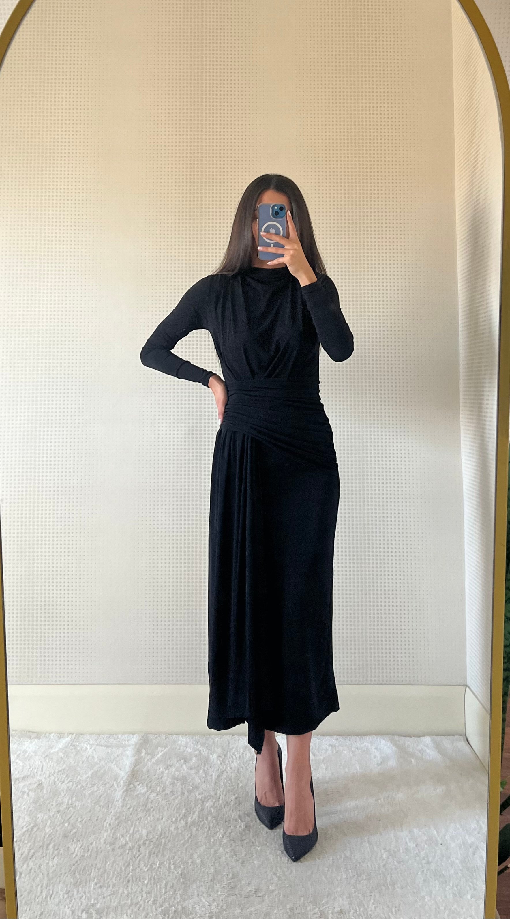 CANDY SİYAH DRAPE DETAYLI MAXİ BOY ELBİSE