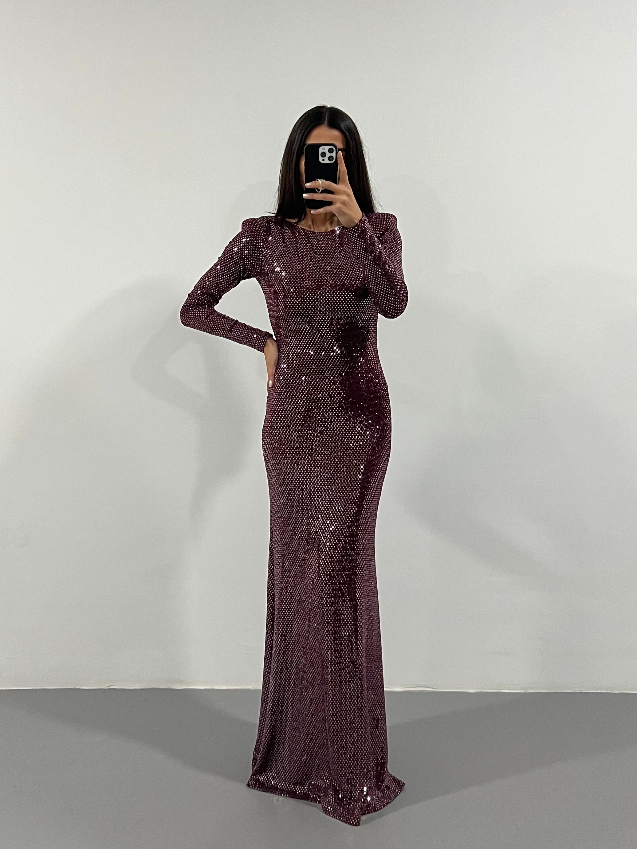 RENA SIRT DEKOLTELİ MAXİ BOY ELBİSE - bordo