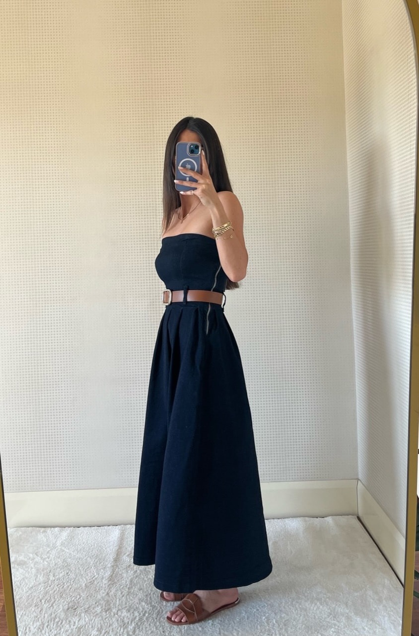 DENIM STRAPLEZ KEMERLİ ELBİSE