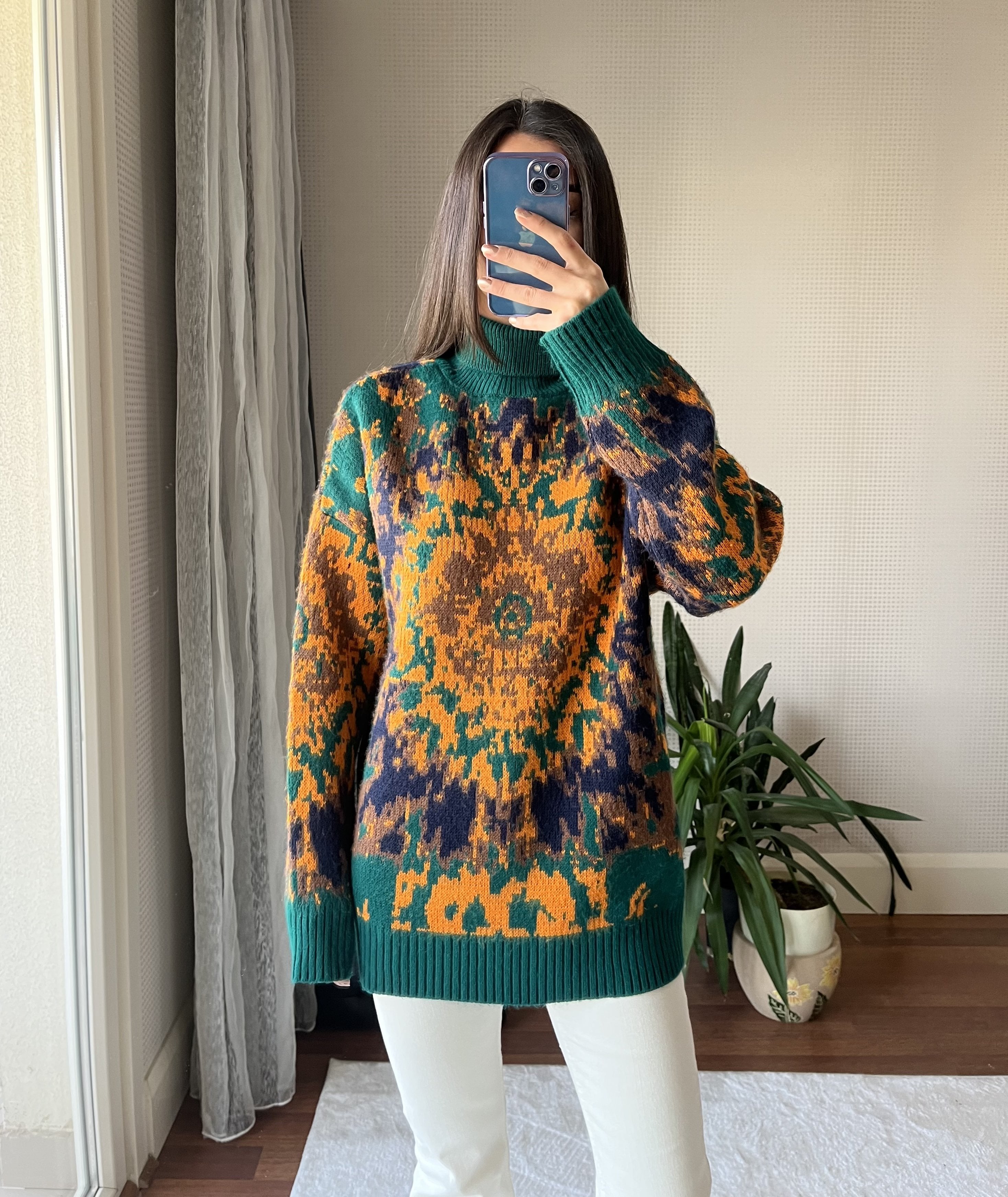 YEŞİL TURUNCU BATIK DESENLİ BALIKÇI YAKA KAZAK