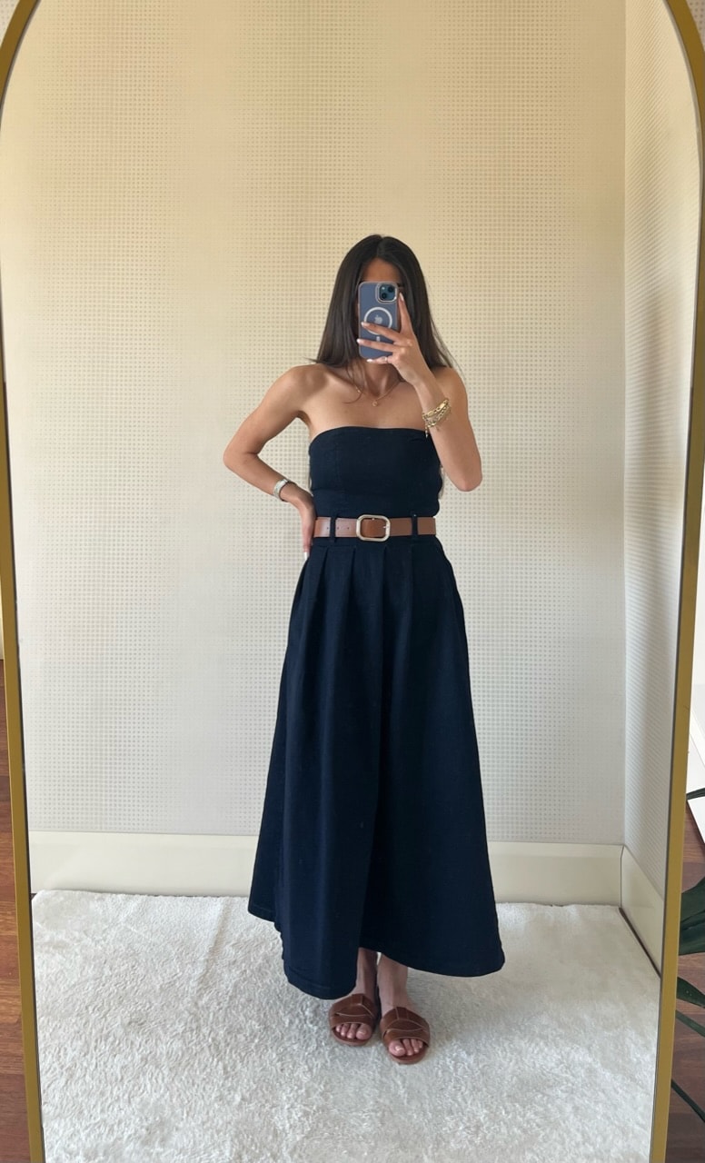 DENIM STRAPLEZ KEMERLİ ELBİSE