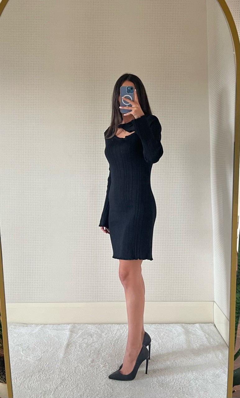 PEARLY SİYAH PENCERE DETAYLI TRİKO ELBİSE