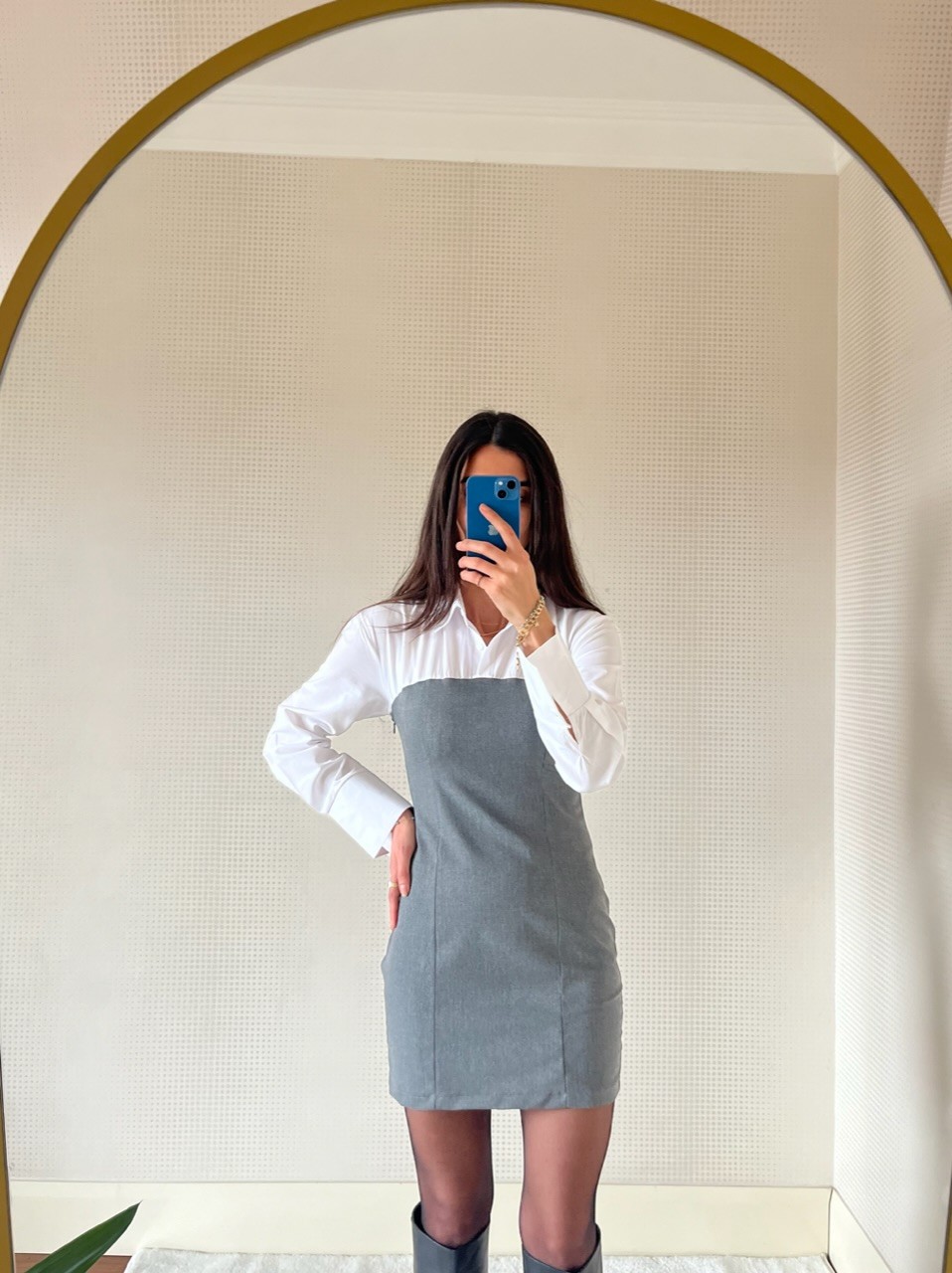 LADY GRİ GÖMLEK YAKA KISA ELBİSE