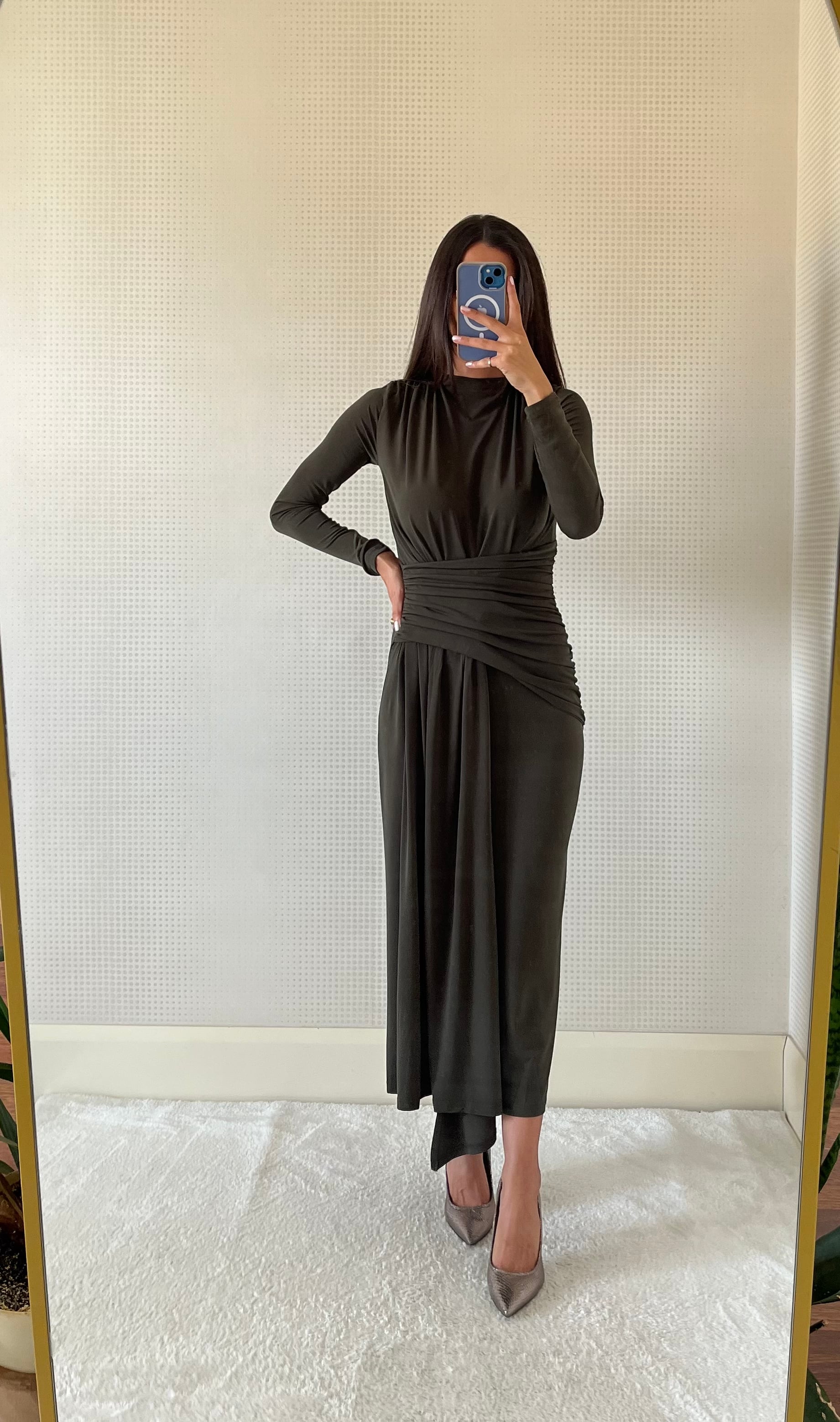 CANDY HAKİ DRAPE DETAYLI MAXİ BOY ELBİSE