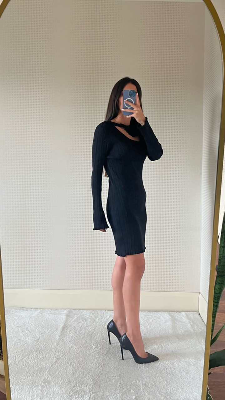 PEARLY SİYAH PENCERE DETAYLI TRİKO ELBİSE