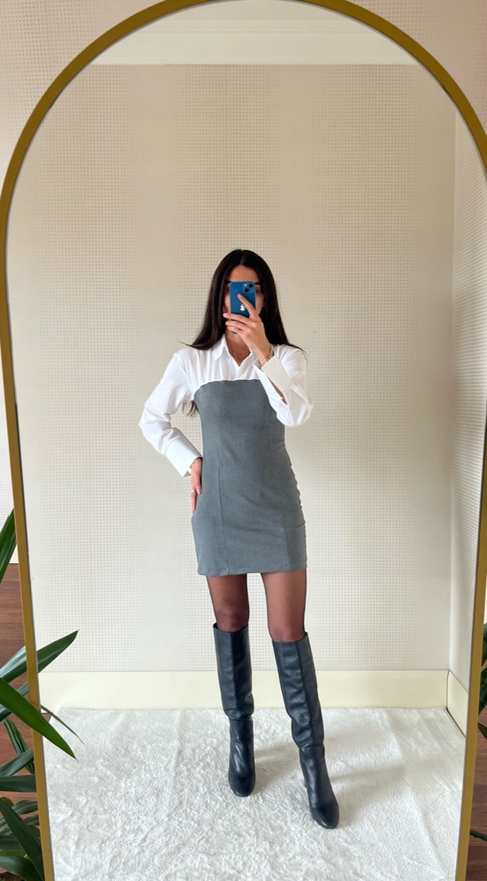 LADY GRİ GÖMLEK YAKA KISA ELBİSE