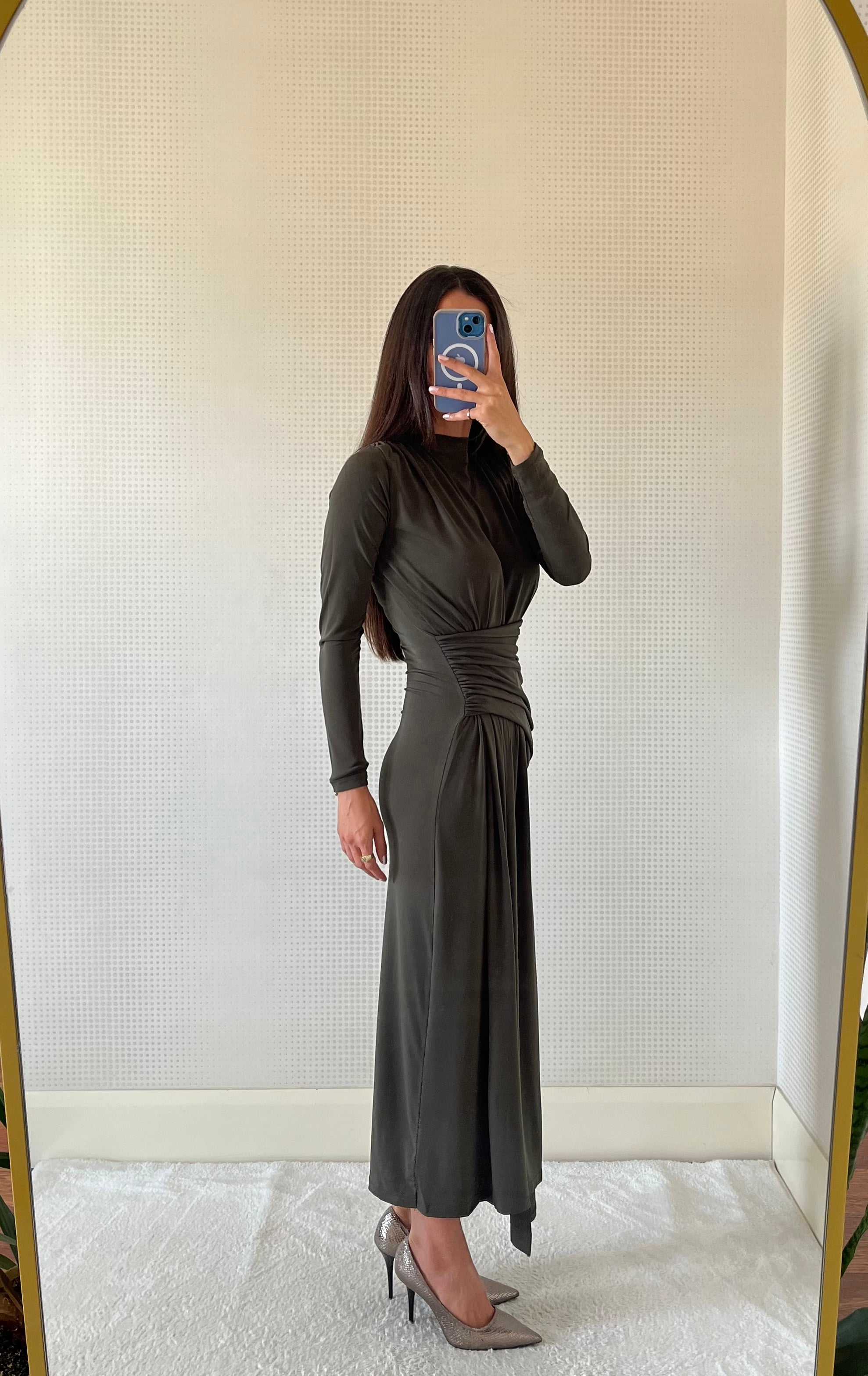 CANDY HAKİ DRAPE DETAYLI MAXİ BOY ELBİSE