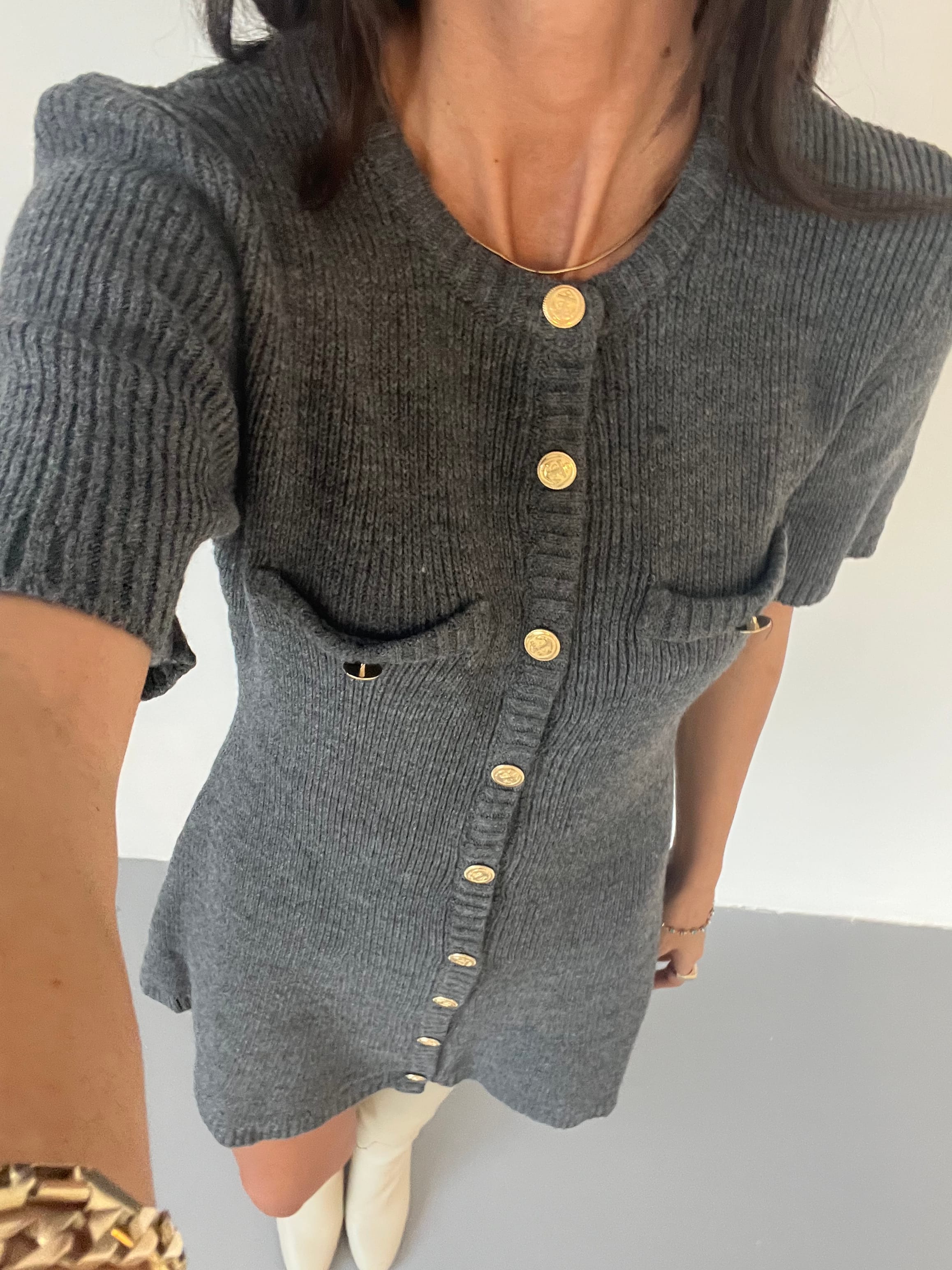 ELYSA FÜME GOLD DÜĞME DETAYLI TRİKO ELBİSE