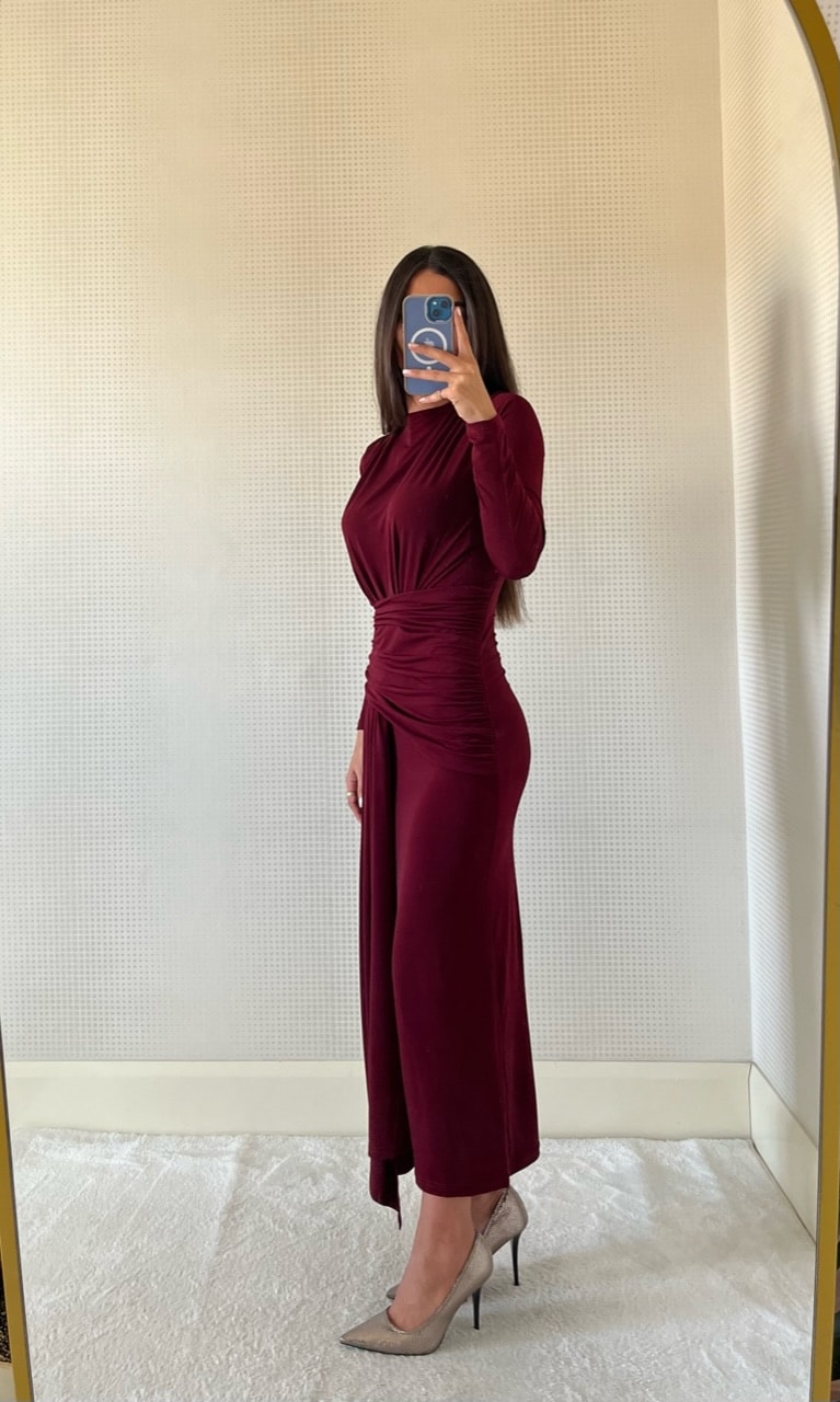 CANDY BORDO DRAPE DETAYLI MAXİ BOY ELBİSE