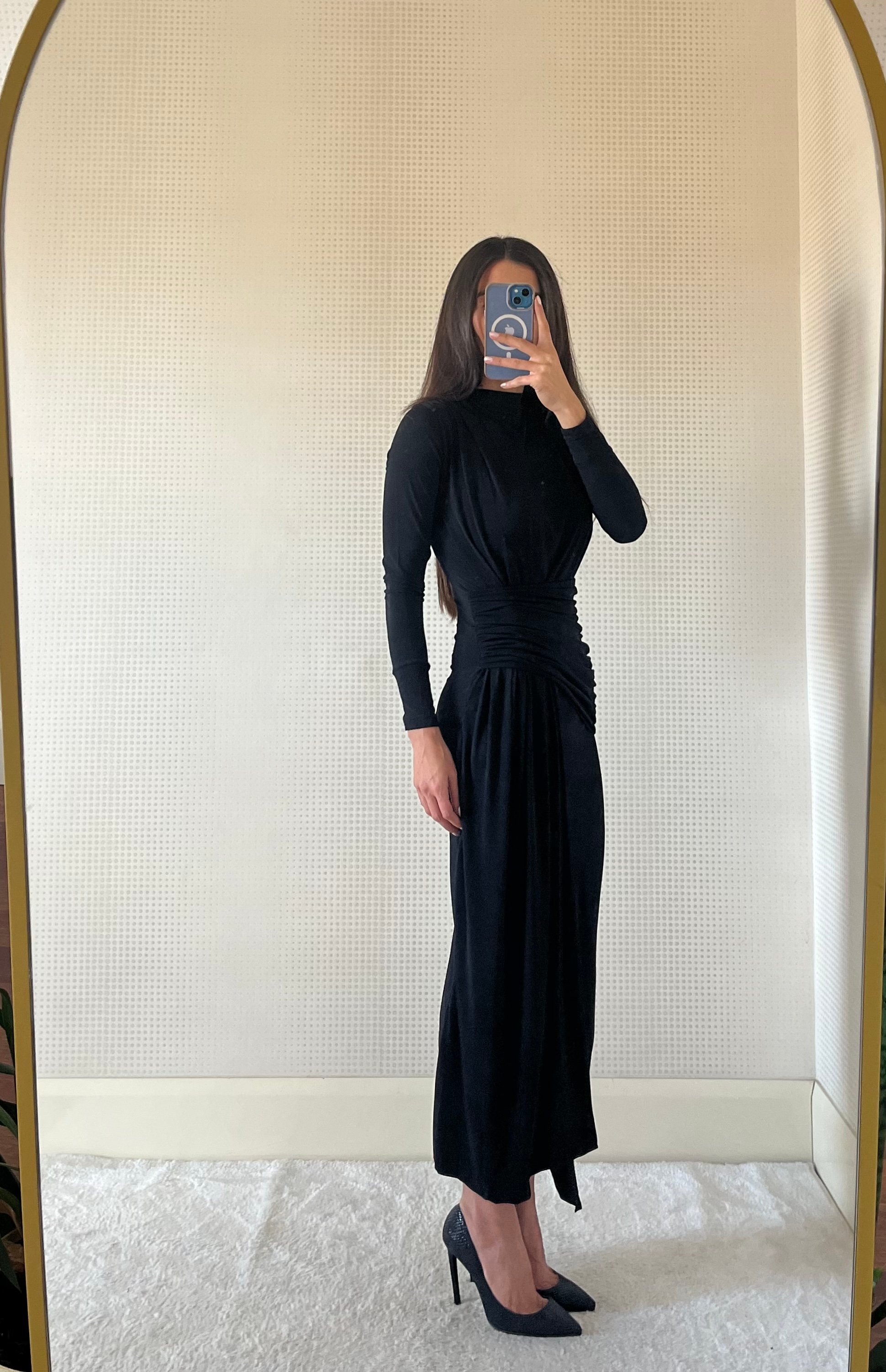 CANDY SİYAH DRAPE DETAYLI MAXİ BOY ELBİSE