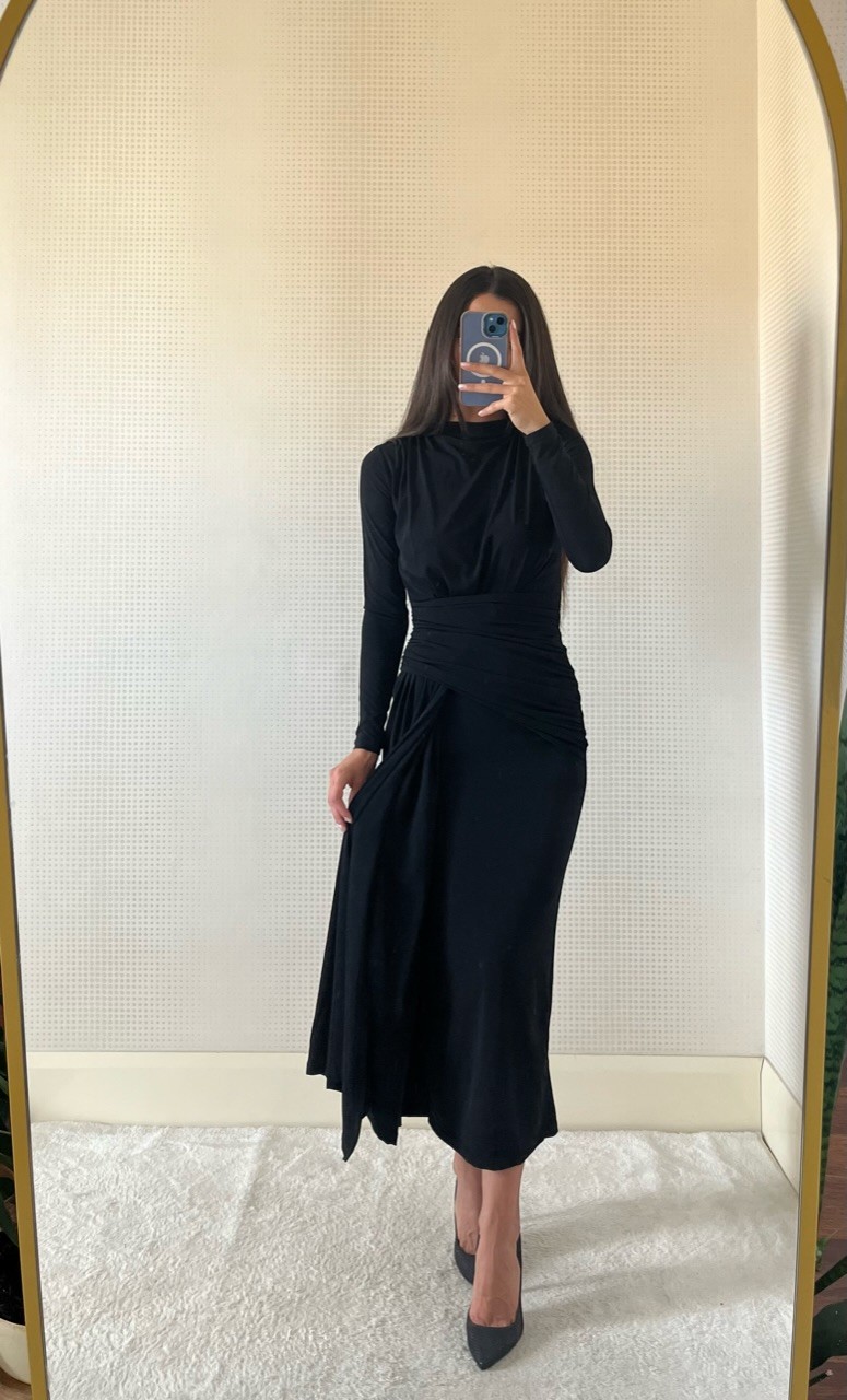 CANDY SİYAH DRAPE DETAYLI MAXİ BOY ELBİSE