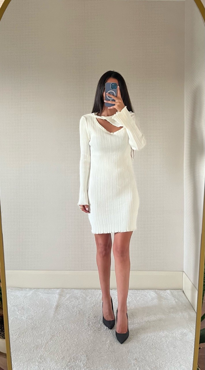 PEARLY KIRIK BEYAZ PENCERE DETAYLI TRİKO ELBİSE