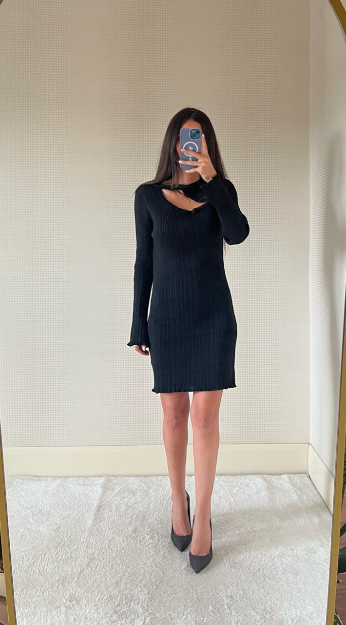 PEARLY SİYAH PENCERE DETAYLI TRİKO ELBİSE