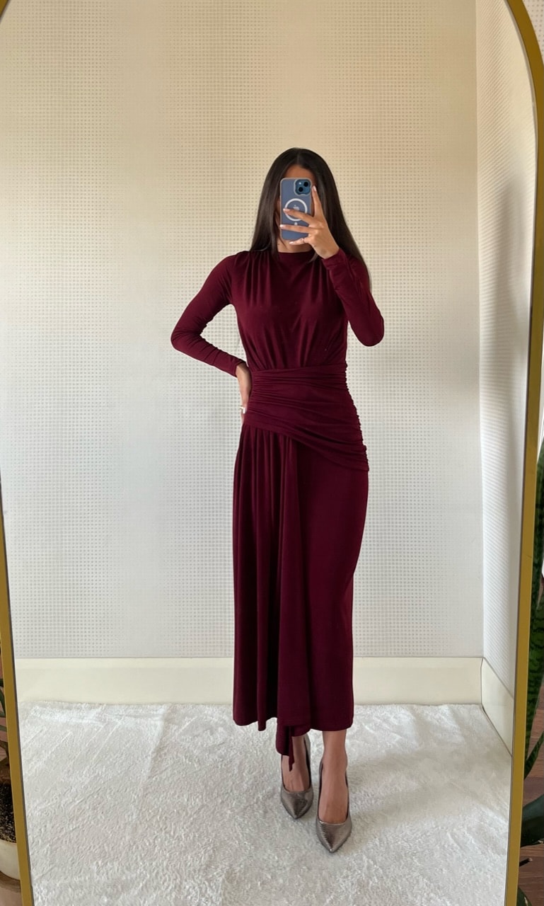 CANDY BORDO DRAPE DETAYLI MAXİ BOY ELBİSE
