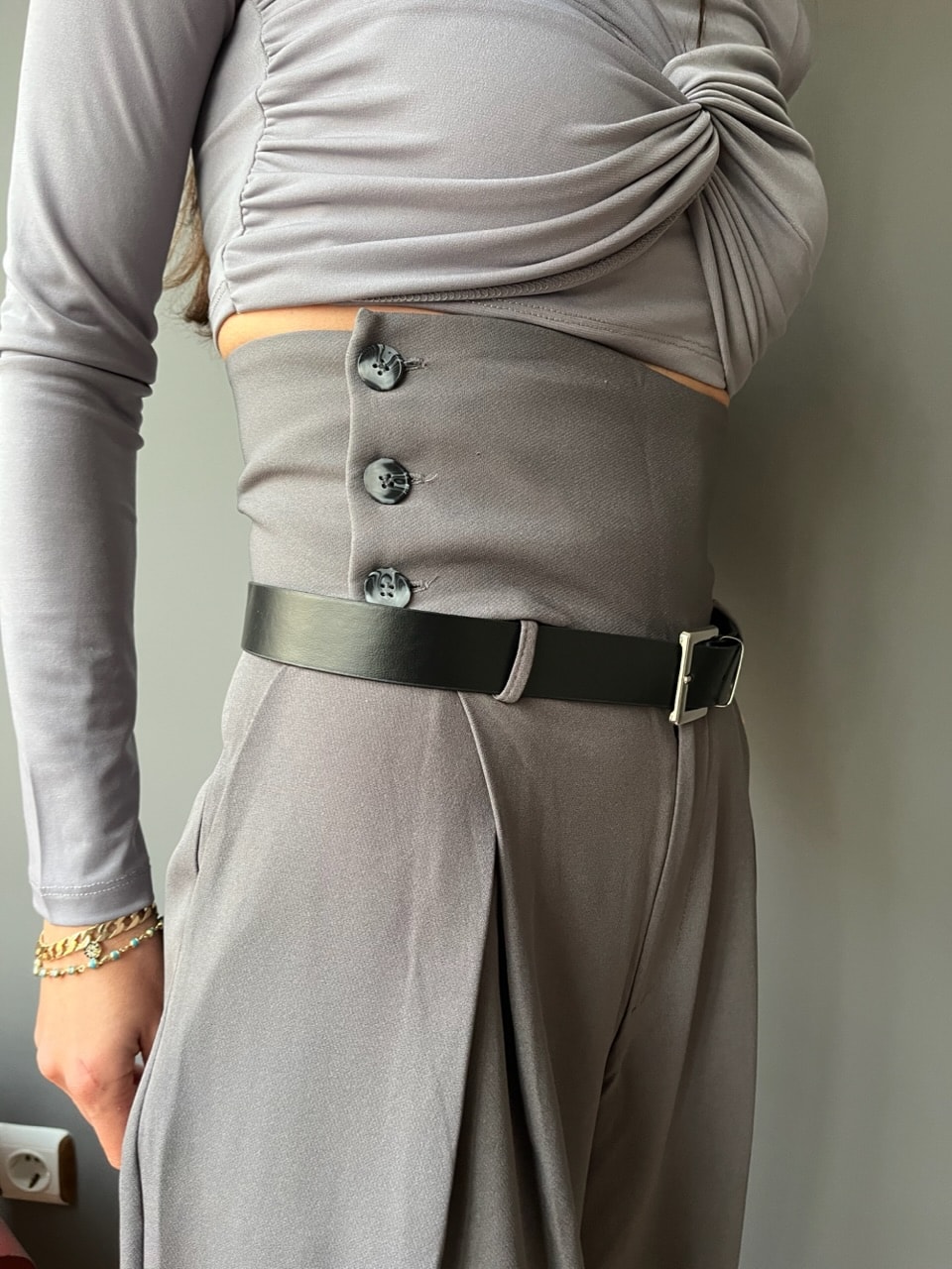 GRİ PREMİUM BEL DETAYLI PALAZZO PANTOLON