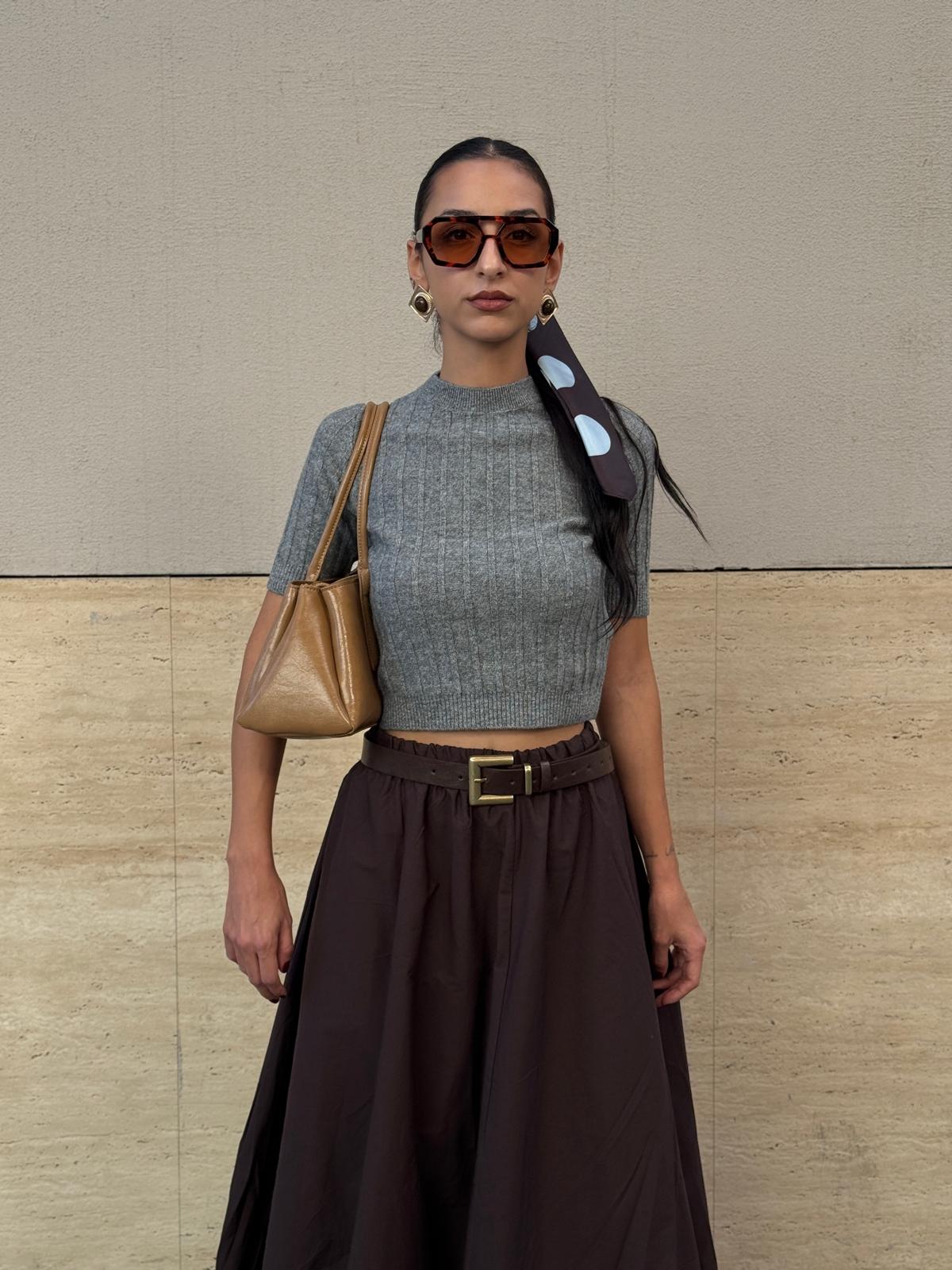 TRİKO KISA KOL BLUZ - Gri