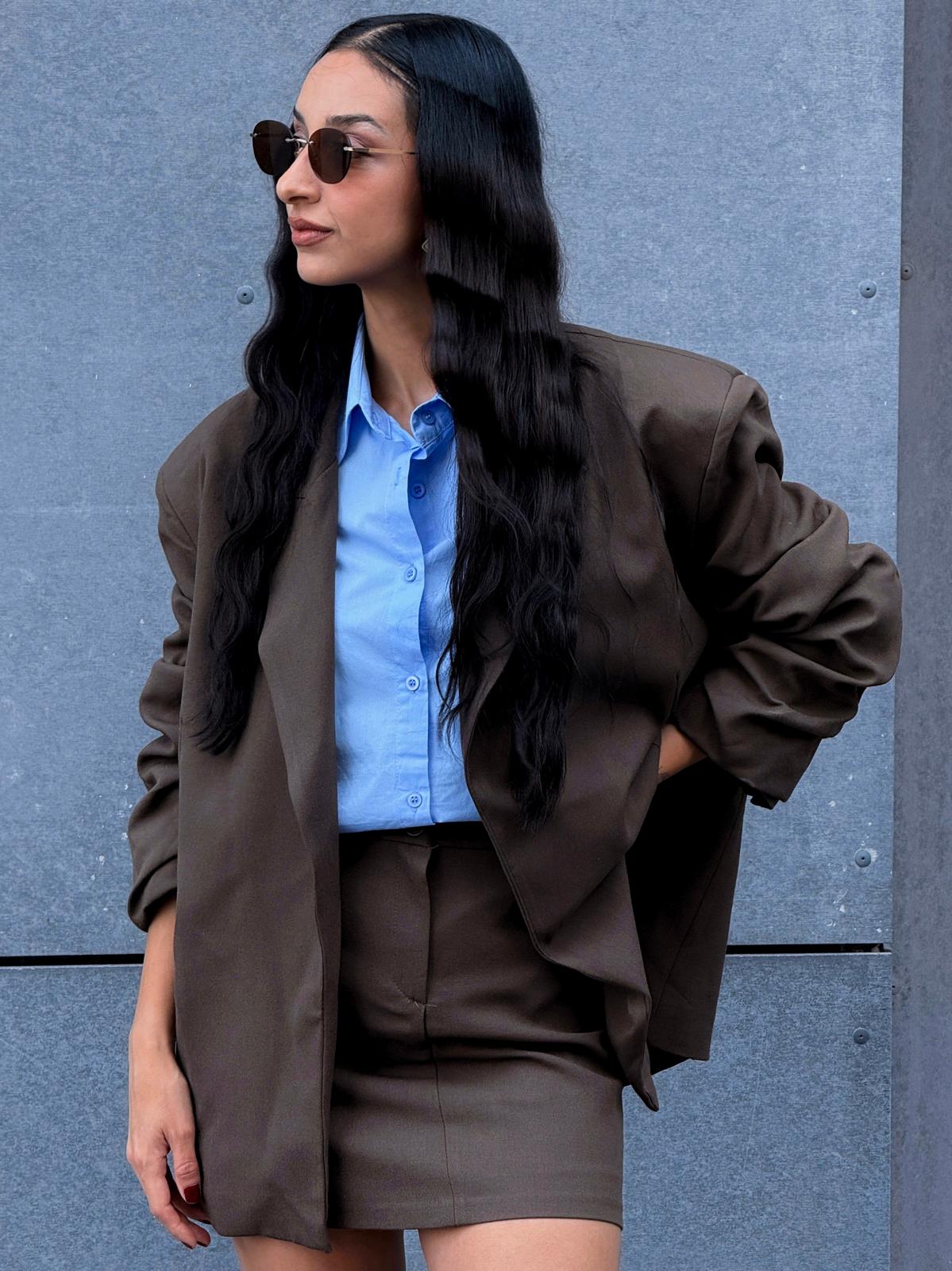 OVERSİZE BLAZER VE ETEK TAKIMI - Kahve