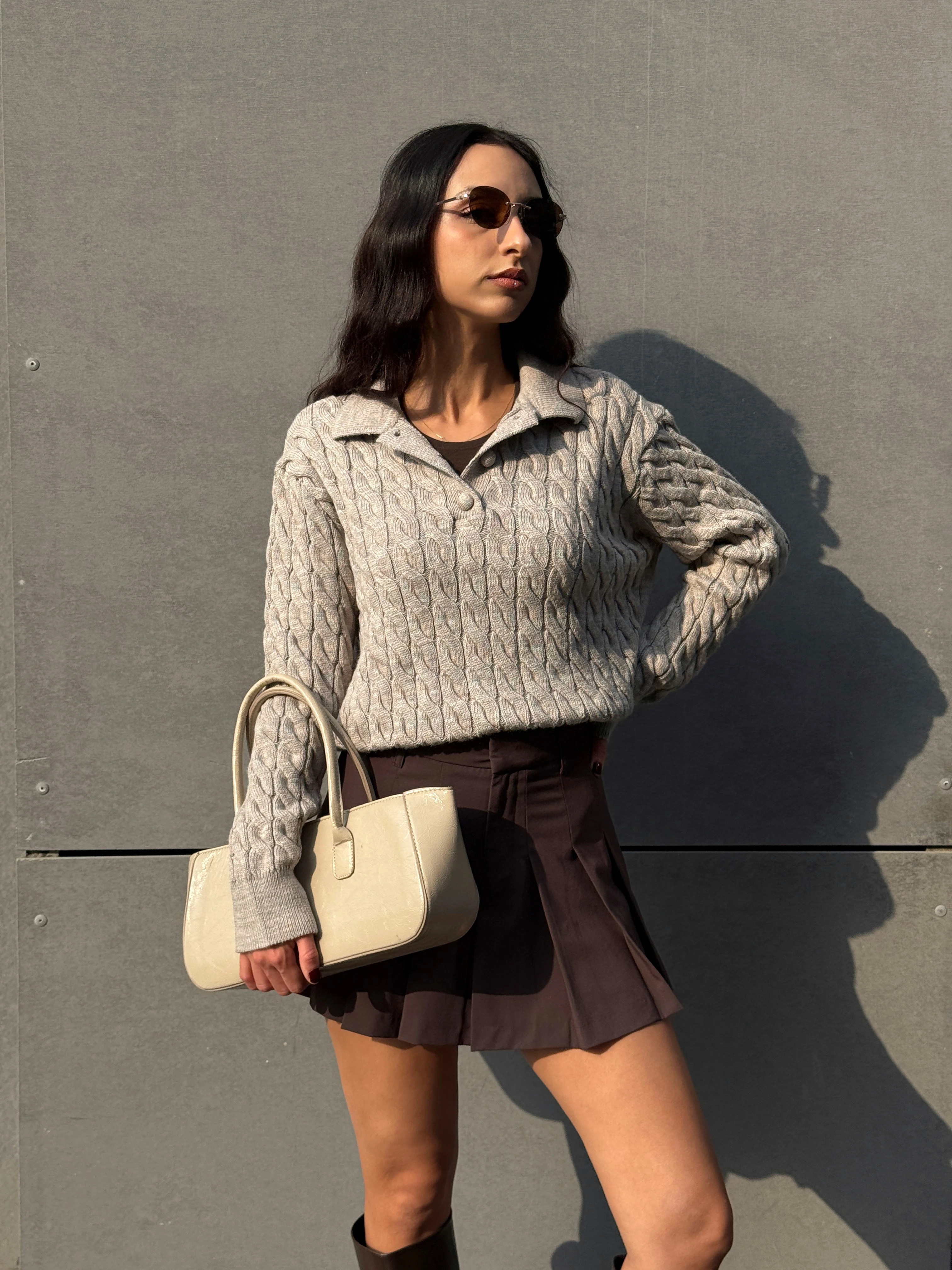 SAÇ ÖRGÜ POLO YAKA KAZAK - Vizon