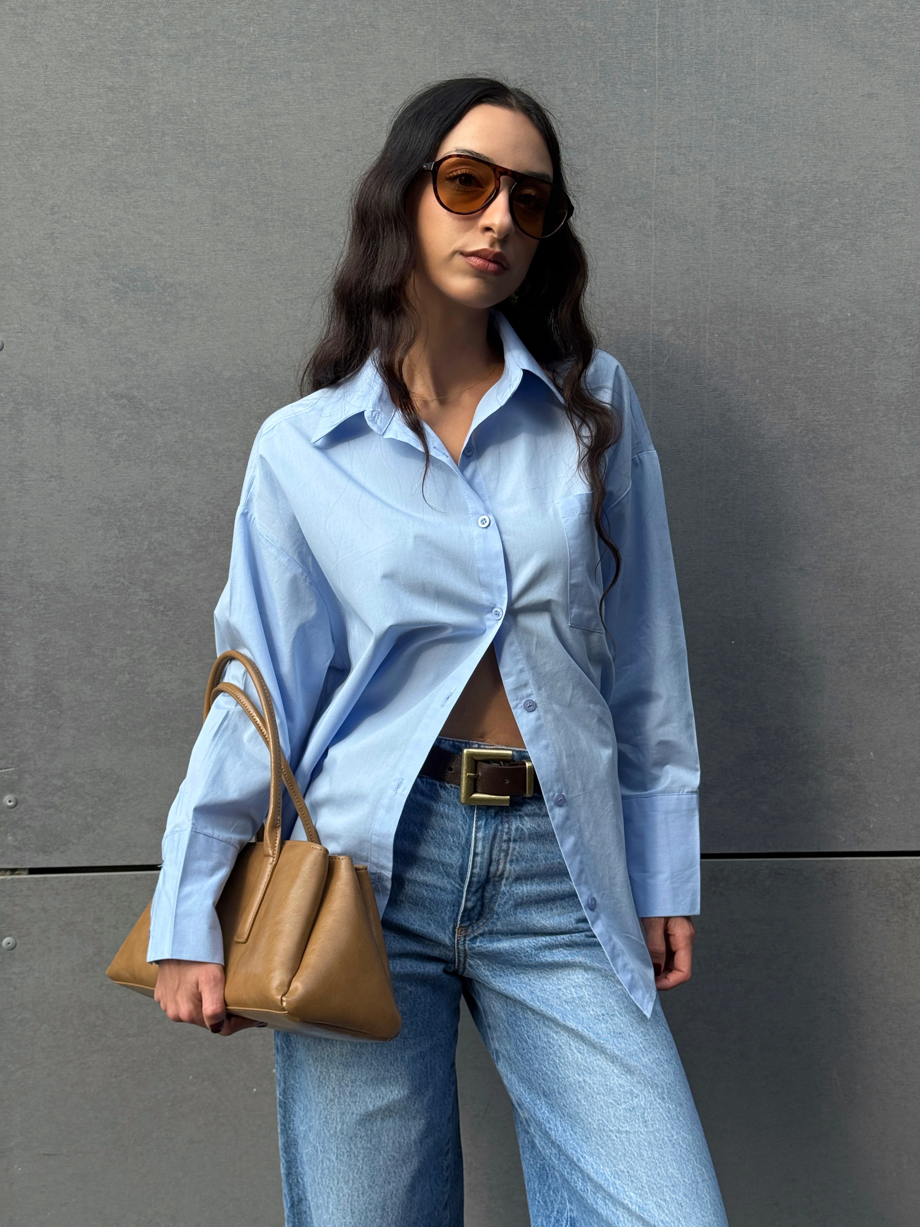 MANŞET DETAY OVERSİZE POPLİN GÖMLEK - Mavi