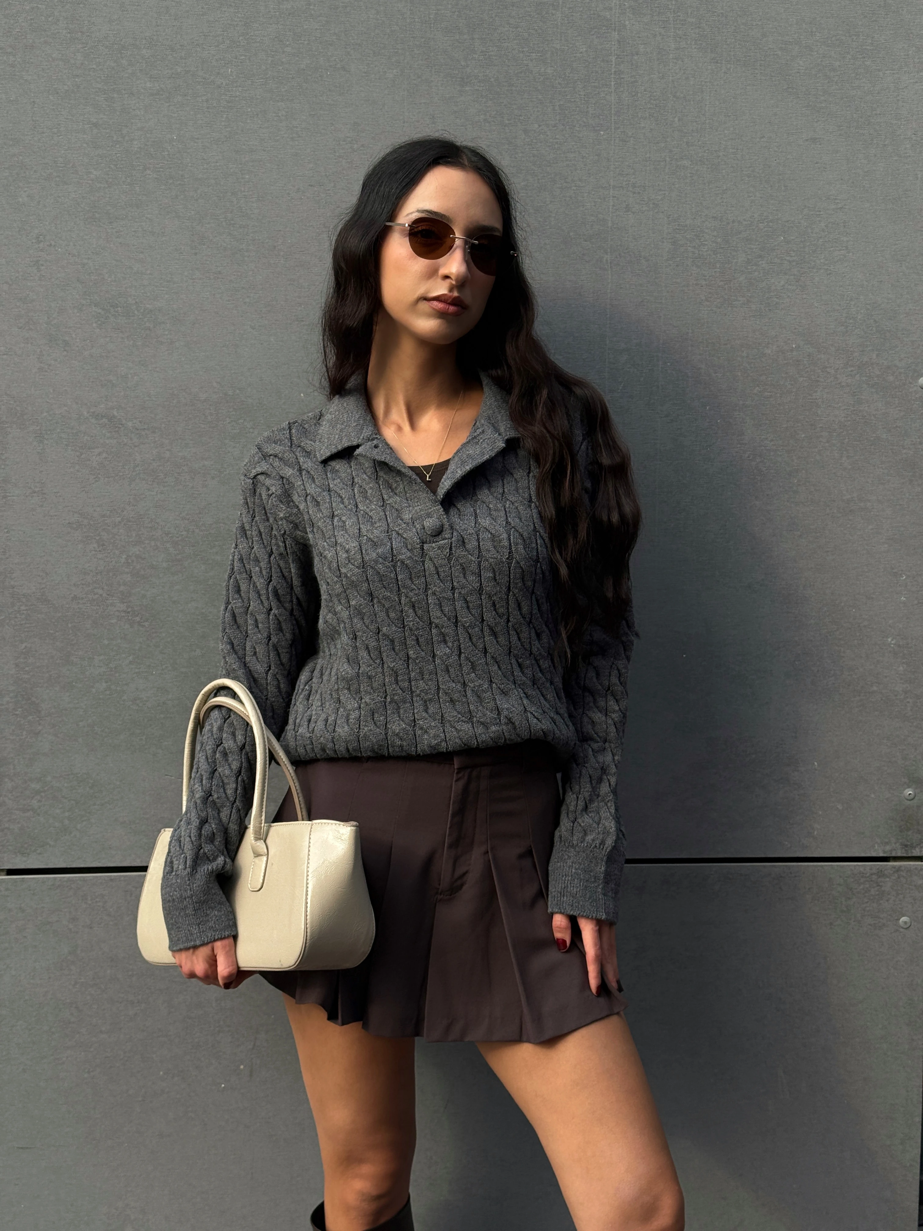 SAÇ ÖRGÜ POLO YAKA KAZAK - Antrasit