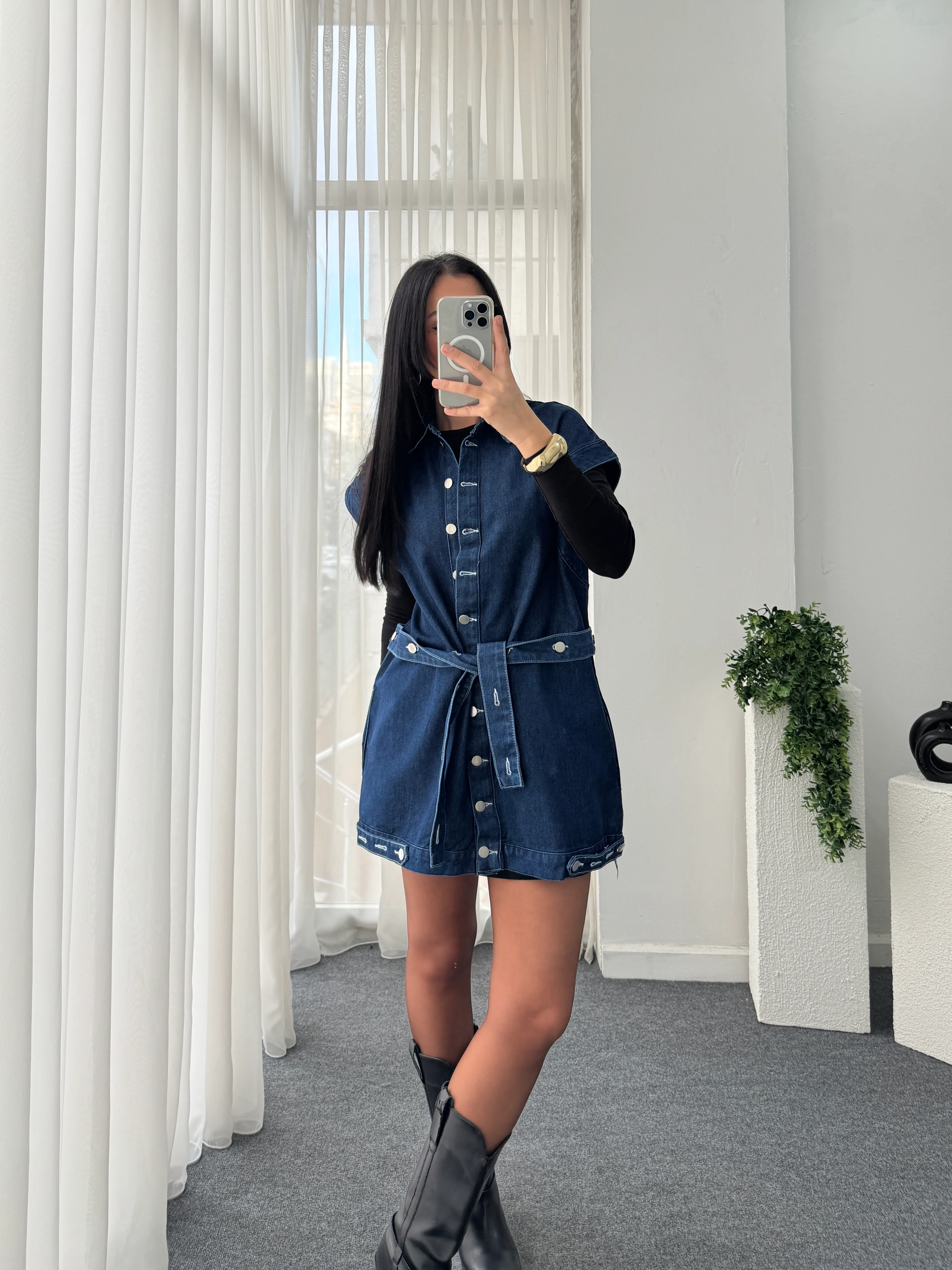 Düğme Detay Kot Yelek 