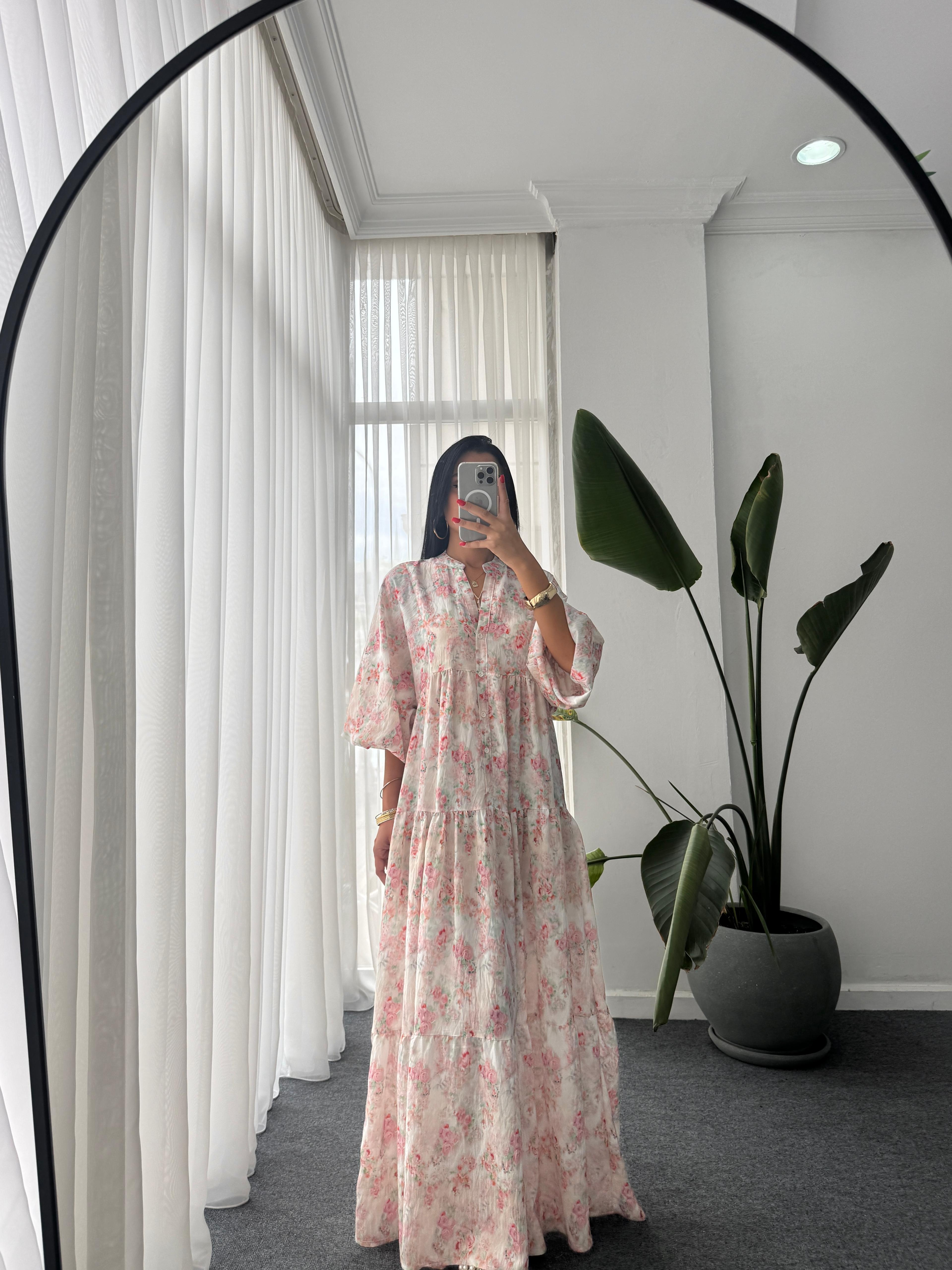Gül Desen Katleya Model Elbise - Pembe 