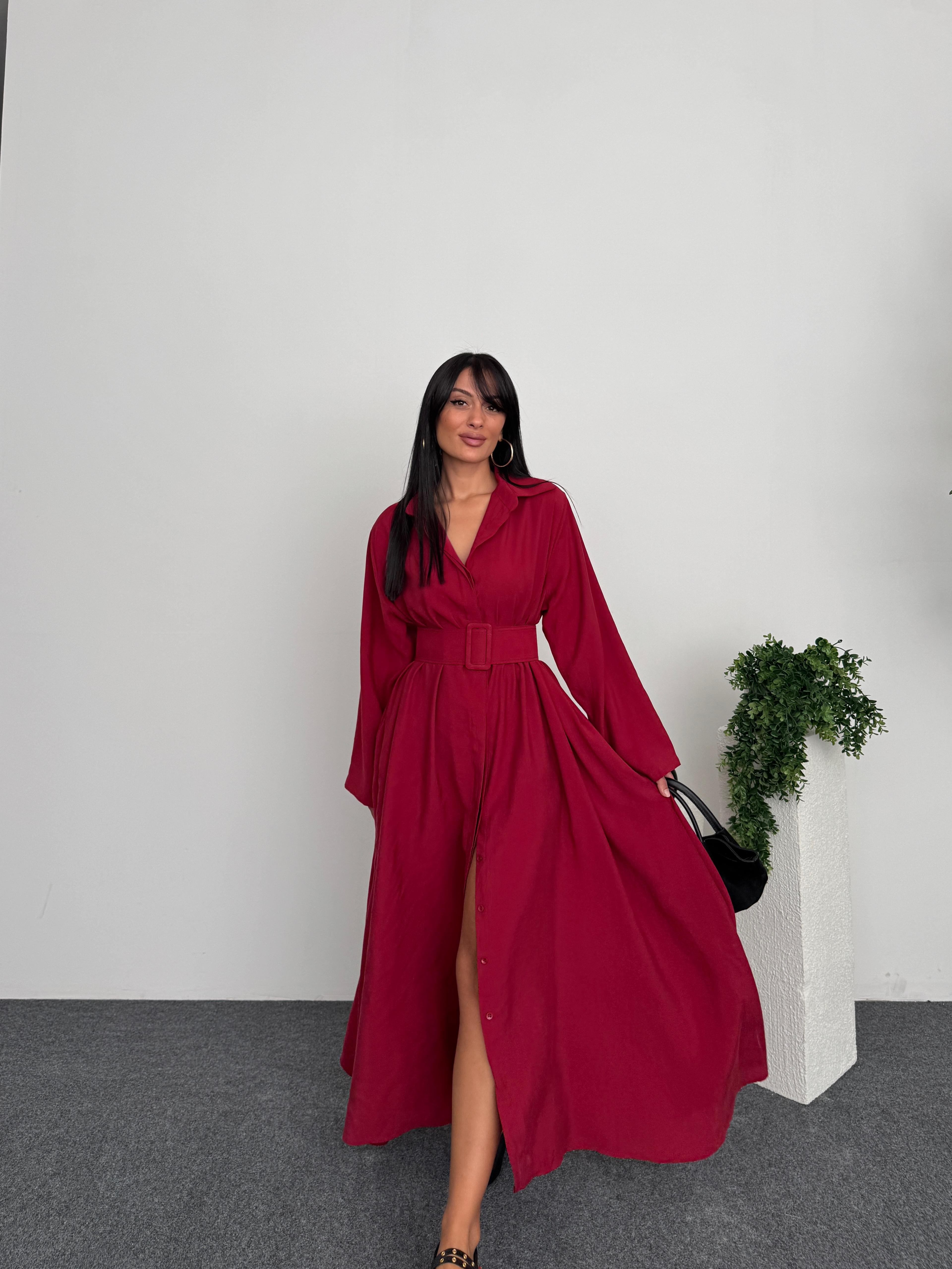 Hakim Yaka Oversize Kemerli Elbise