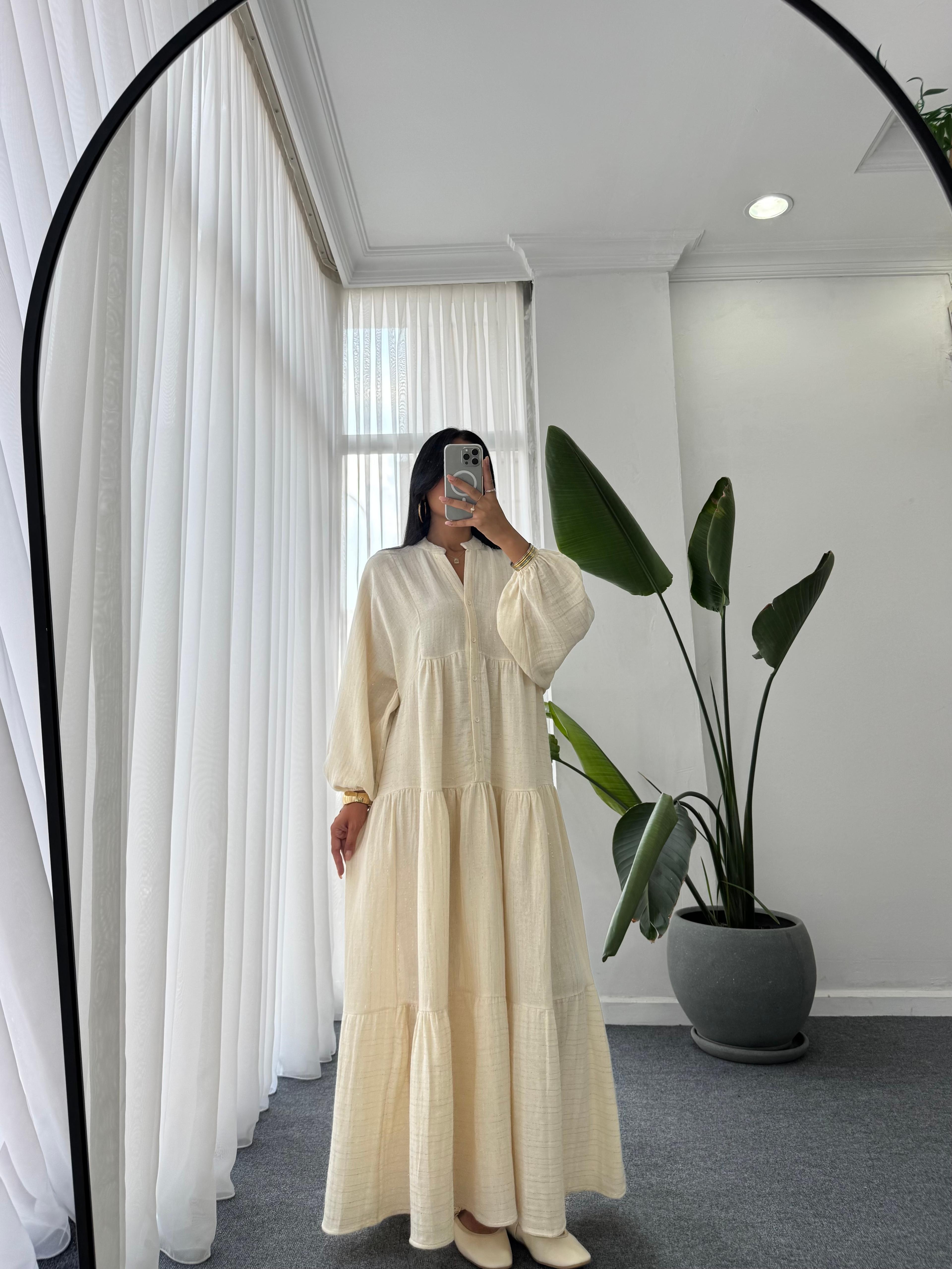 Gold Desen Katleya Model Elbise - Ekru