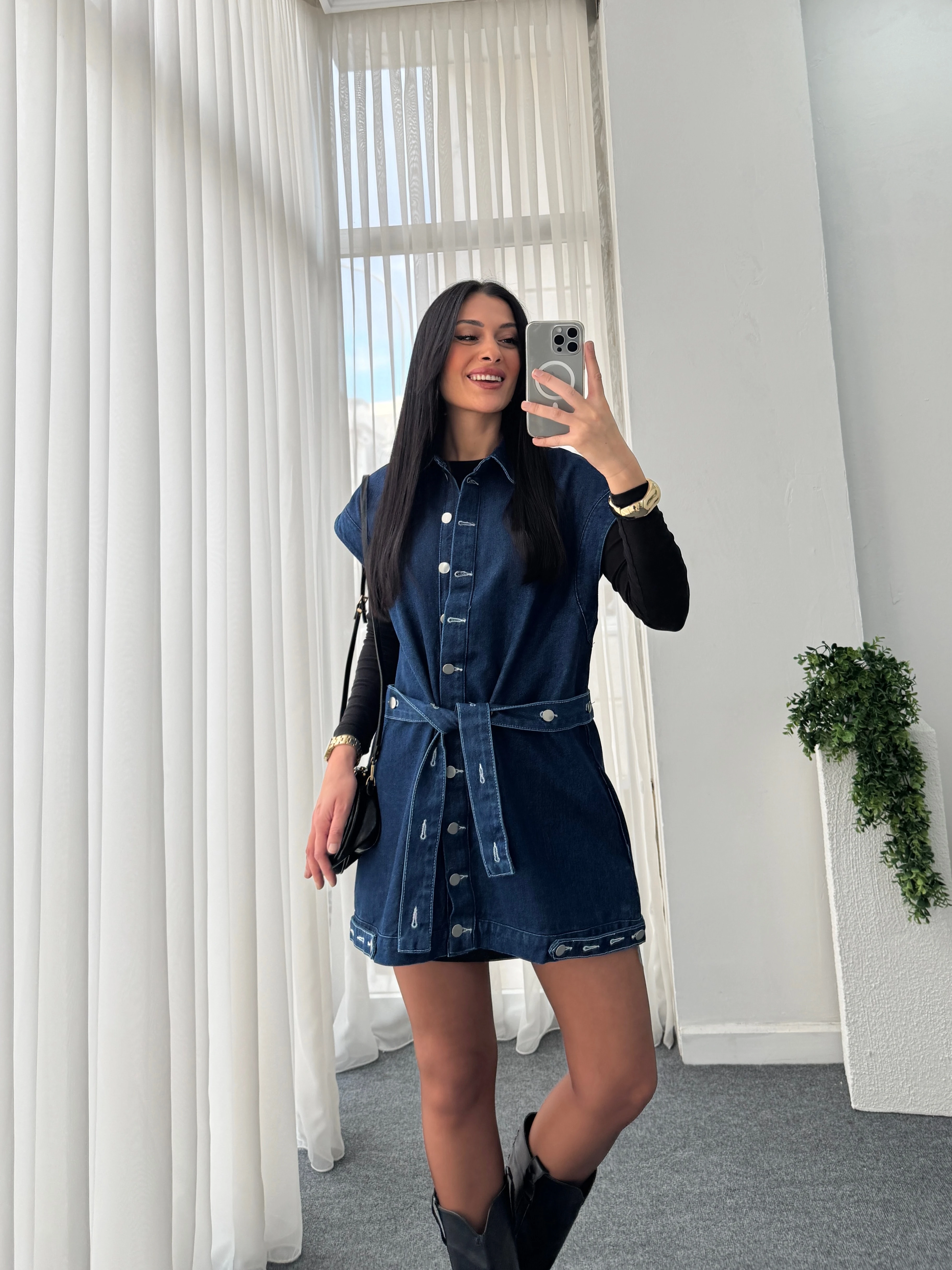 Düğme Detay Kot Yelek 