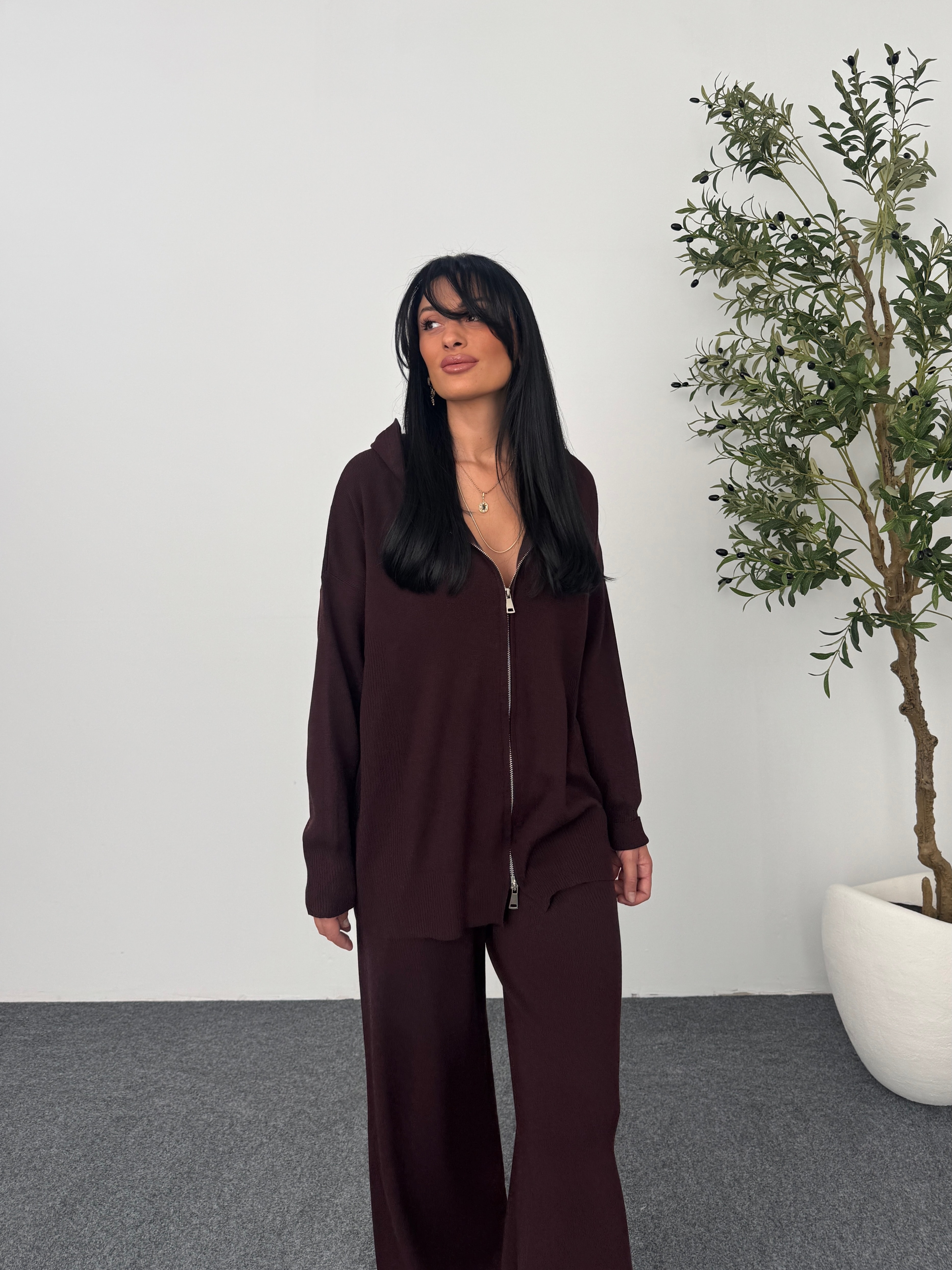 Fermuarlı Triko Takım - Bordo