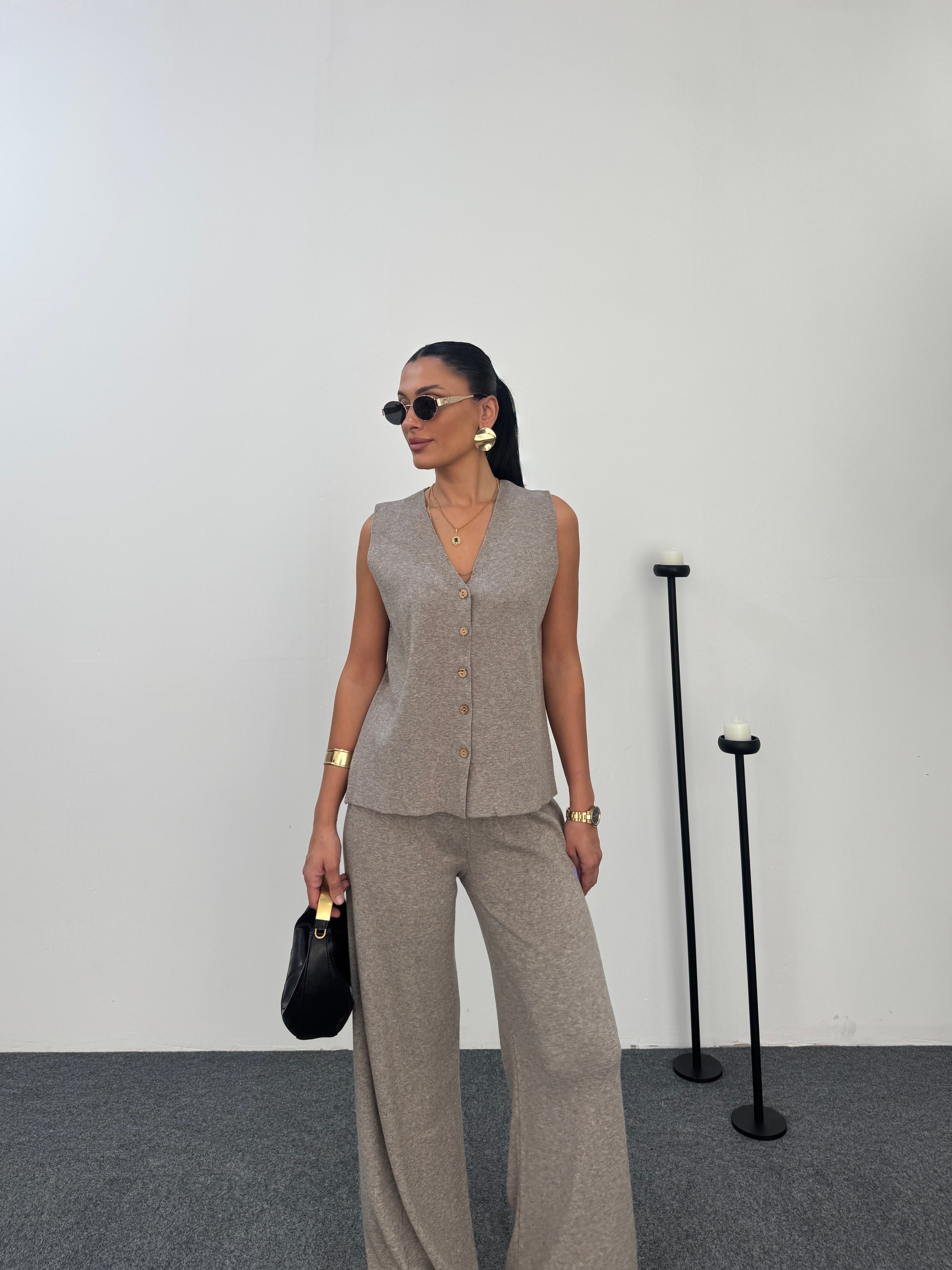 Triko Yelek Pantalon Takım  - Vizon